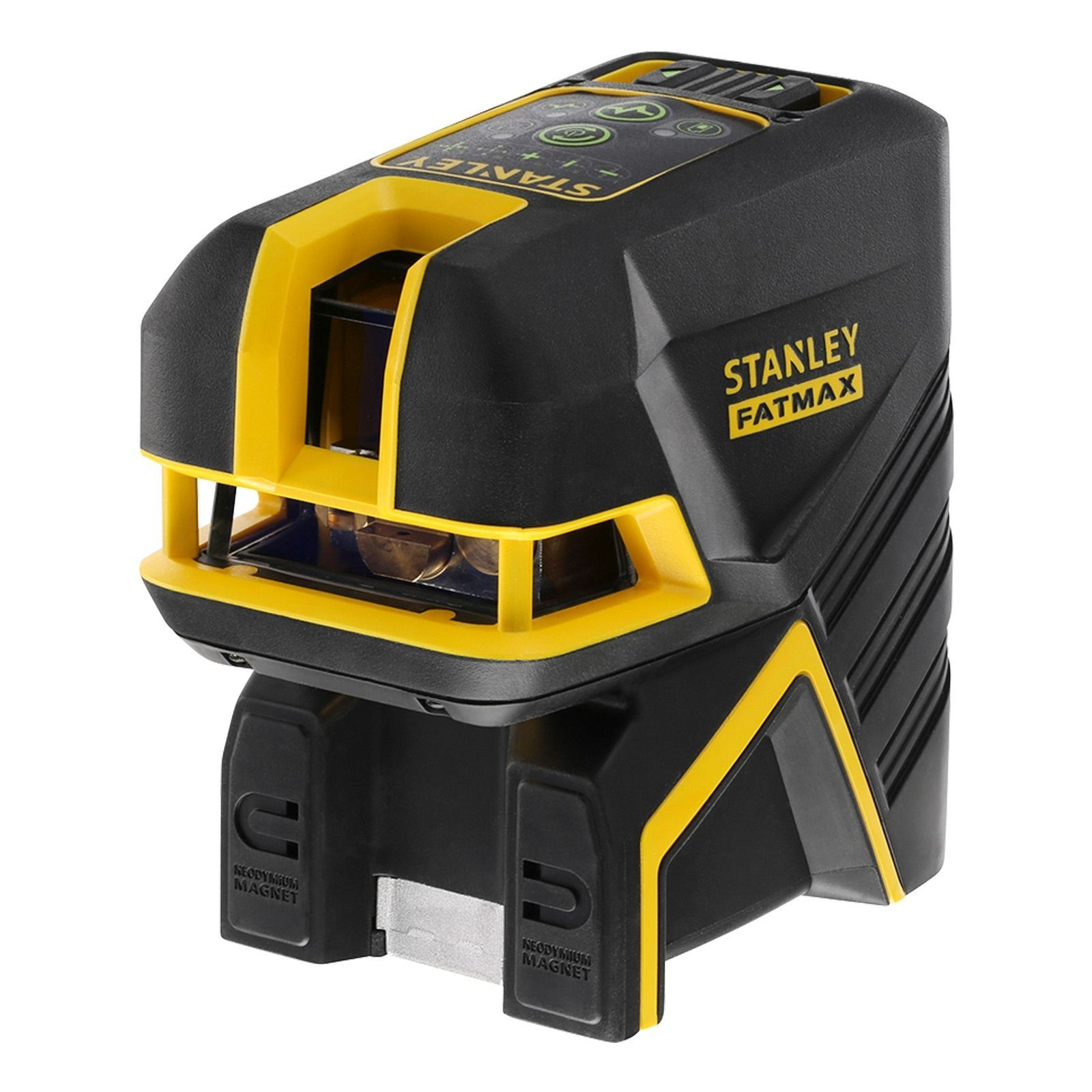 Un nivel láser Stanley FatMax negro y amarillo. Tiene botones y está etiquetado con el nombre de la marca.