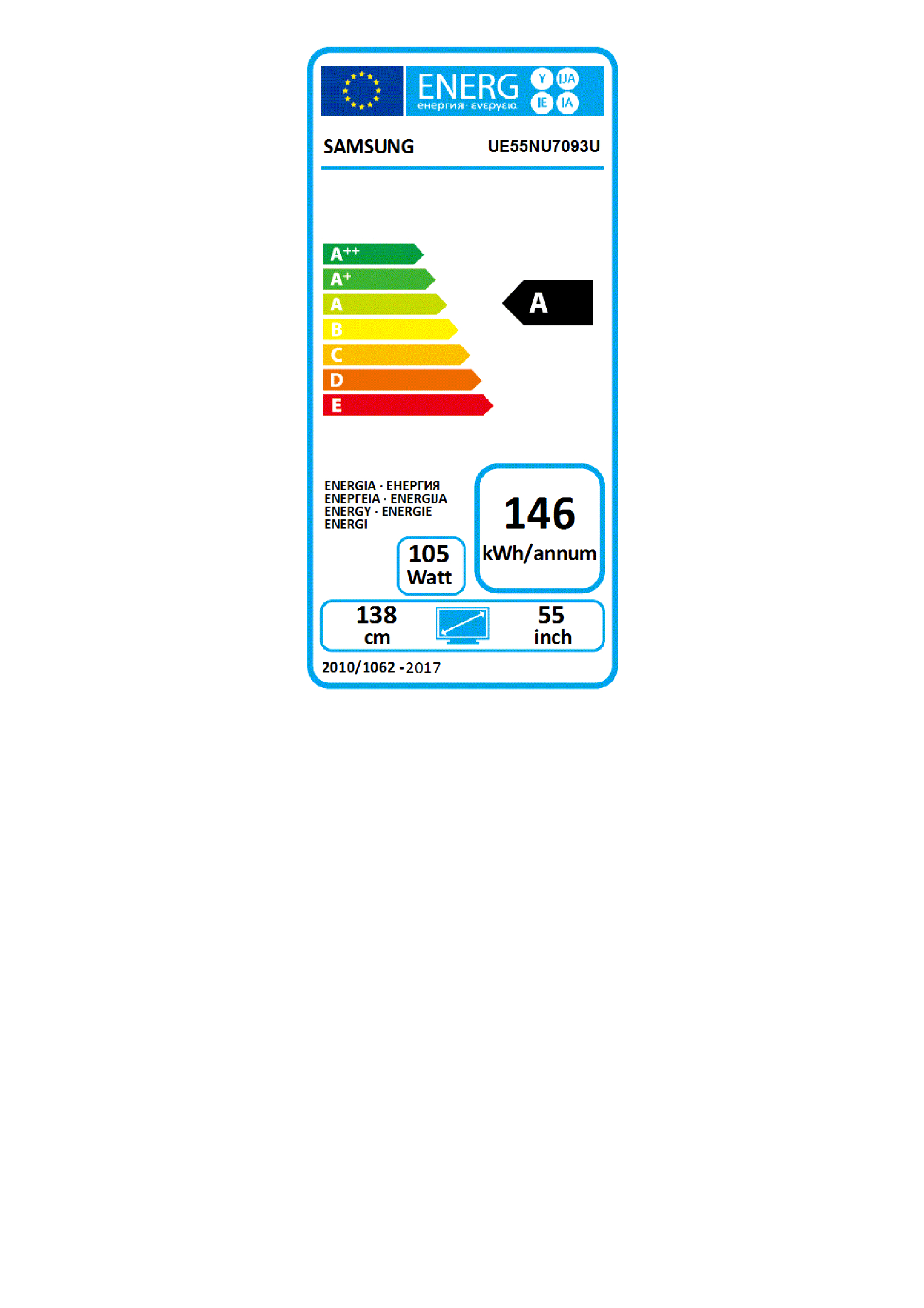 Etichetta energetica per un televisore Samsung. Presenta valutazioni di efficienza energetica da A++ a E, watt e dimensioni.