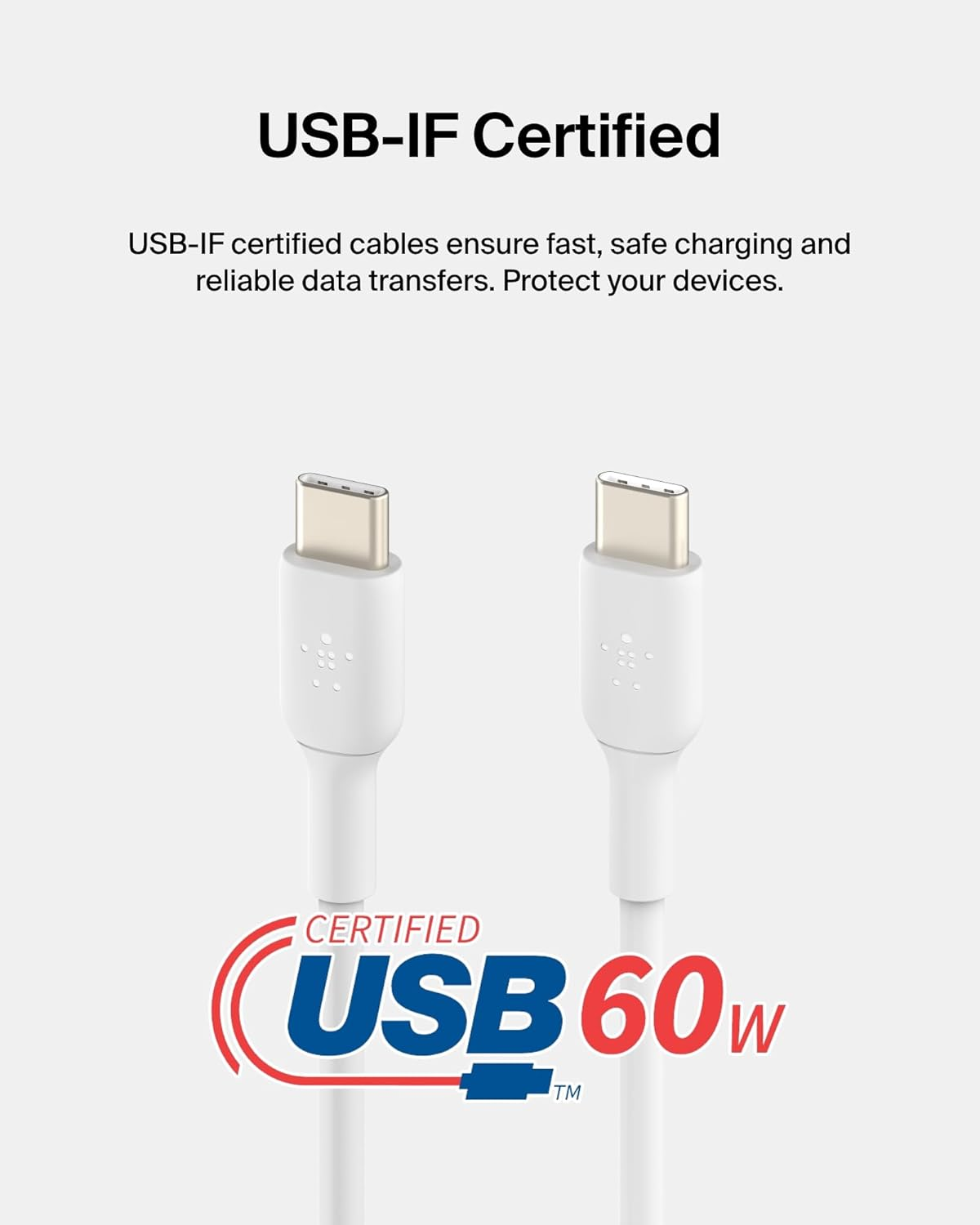 Dwa białe kable USB-C ze srebrnymi wtyczkami. Kable są ustawione pionowo na białym tle. Widoczne jest logo USB 60W.