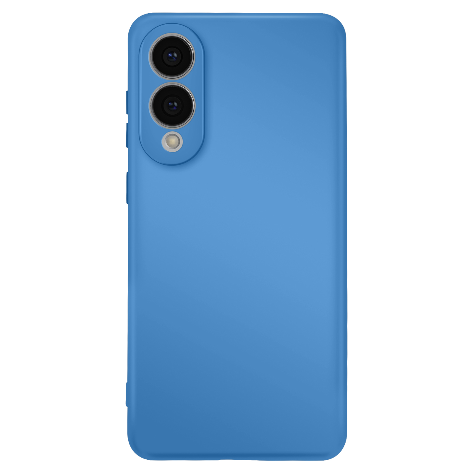 Een blauwe telefoonhoes, achteraanzicht, met zichtbare cameralenzen. Op een witte achtergrond.