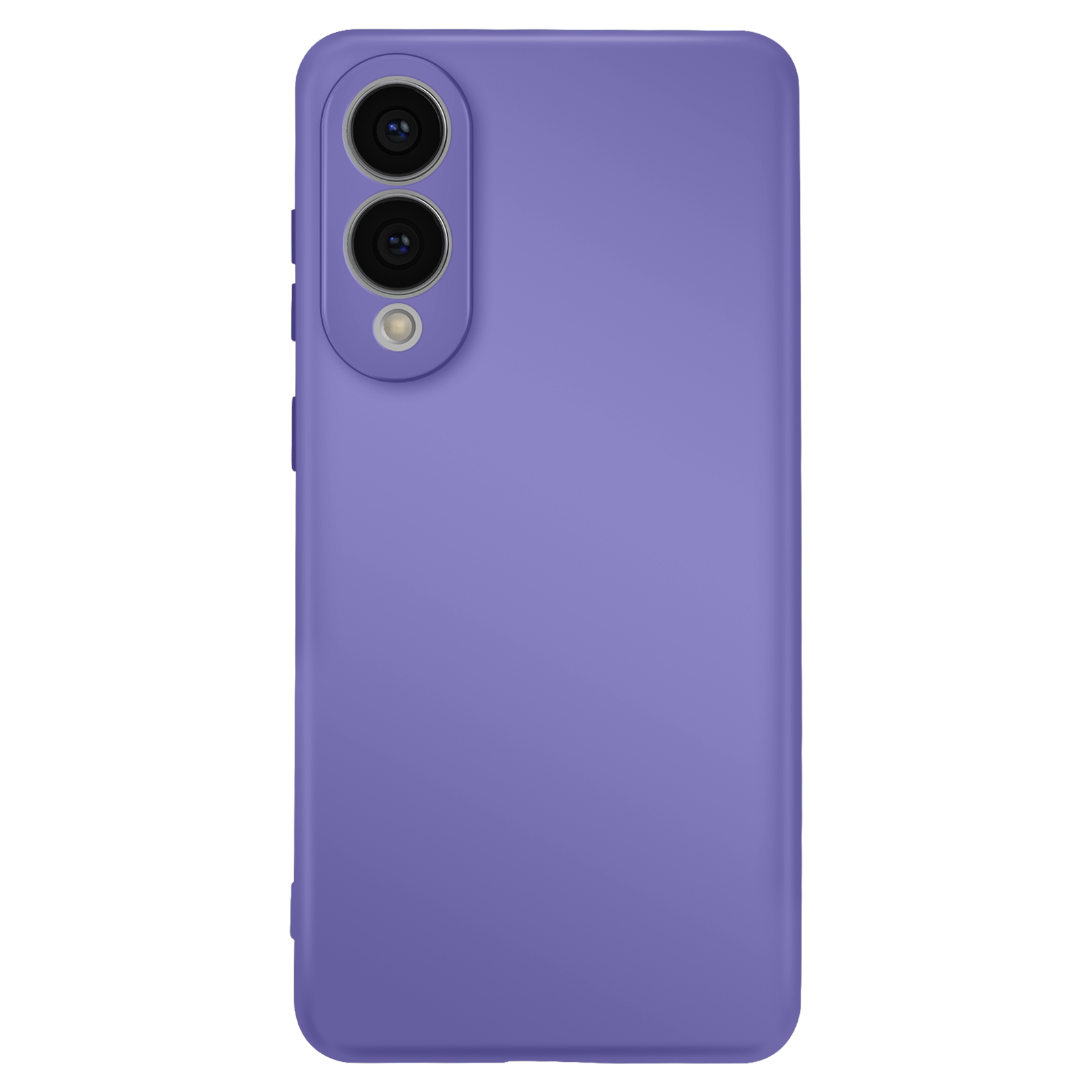 Een paarse telefoonhoes met twee cameralenzen en een flitser wordt weergegeven op een witte achtergrond.
