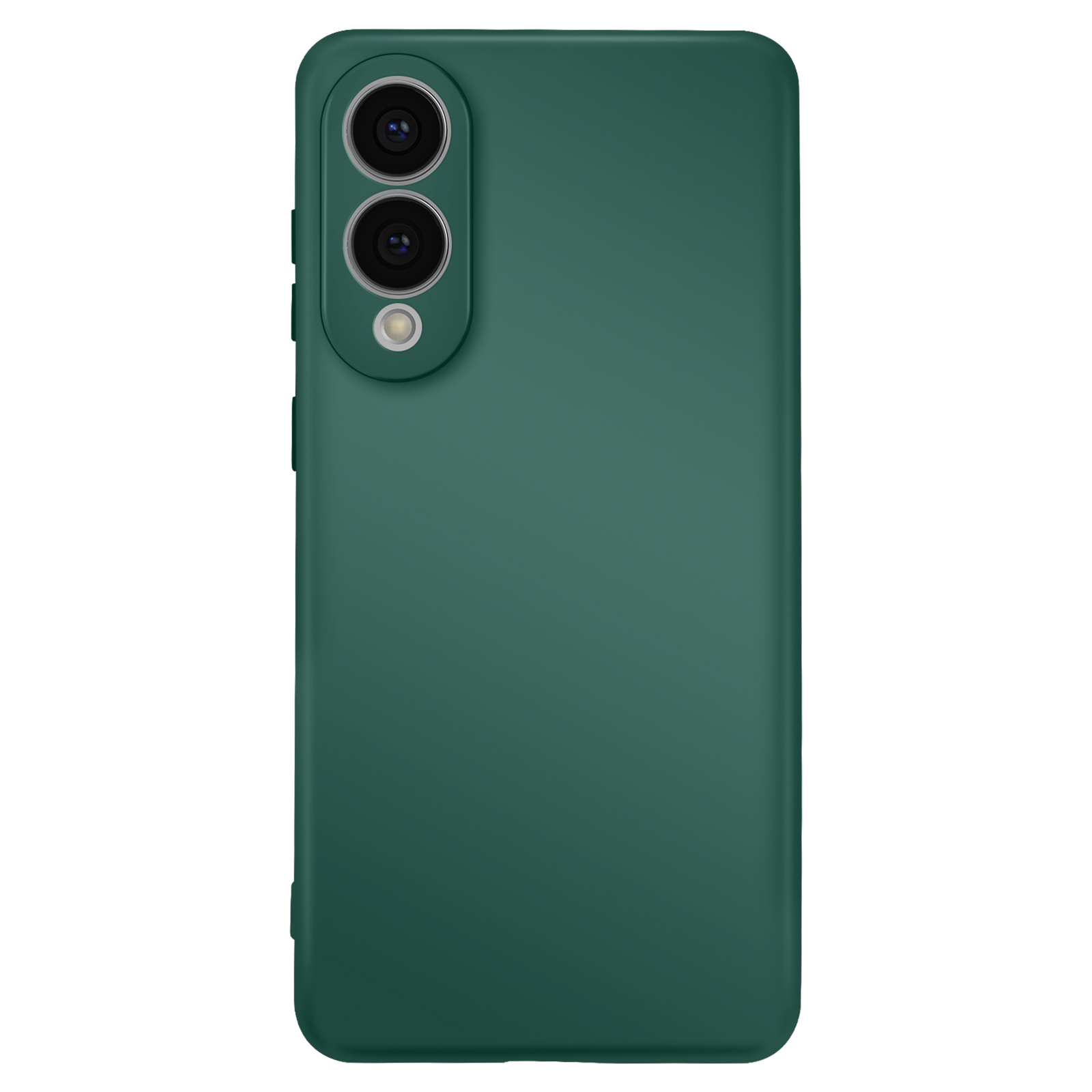 Groene telefoonhoes met cameramodule. Twee lenzen boven, flitser onder. Knoppen aan de zijkant.