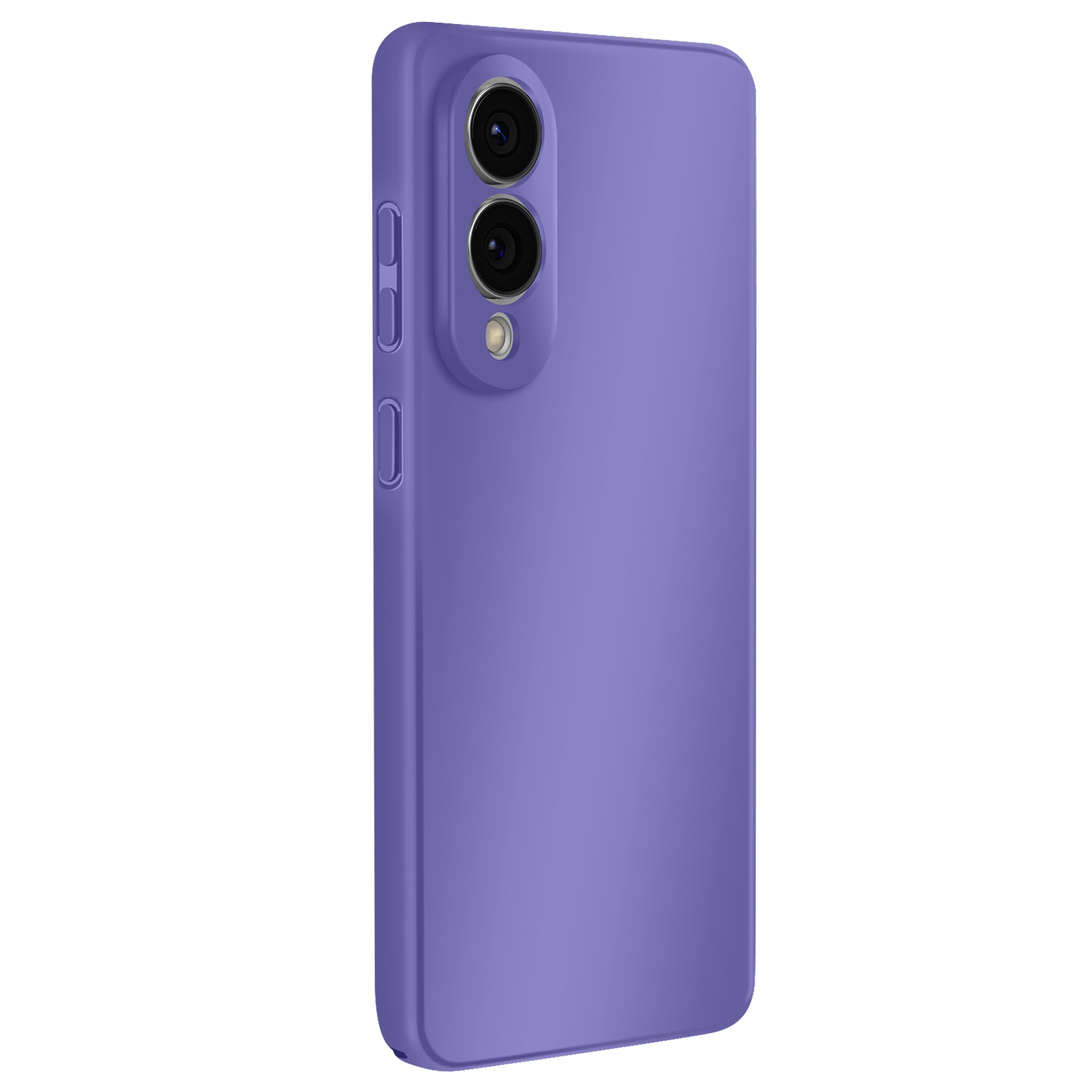 Een paarse telefoonhoes op een witte achtergrond. Het heeft uitsparingen voor de camera en volumeknoppen.