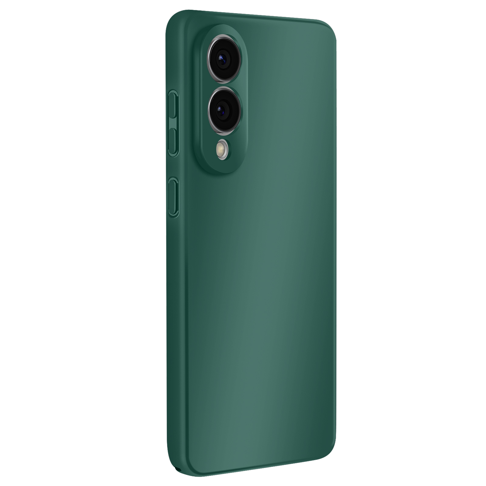Een groene telefoonhoes met twee cameralenzen en zijknoppen, gezien vanuit een hoek op een witte achtergrond.