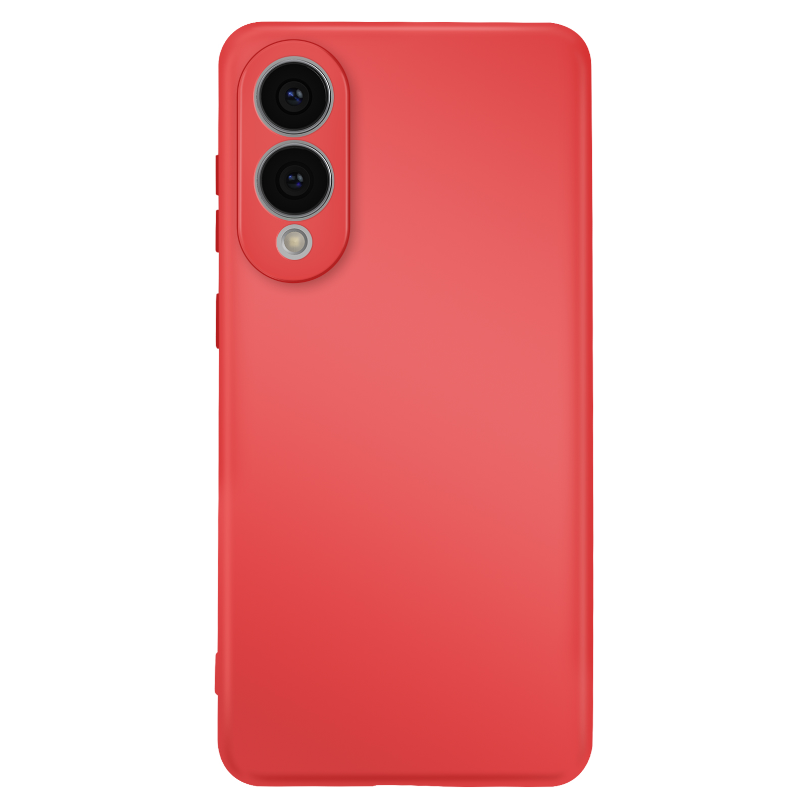 Een rode telefoonhoes met camera-uitsparingen. Het heeft drie cameralenzen en een flitser. De achtergrond is wit.