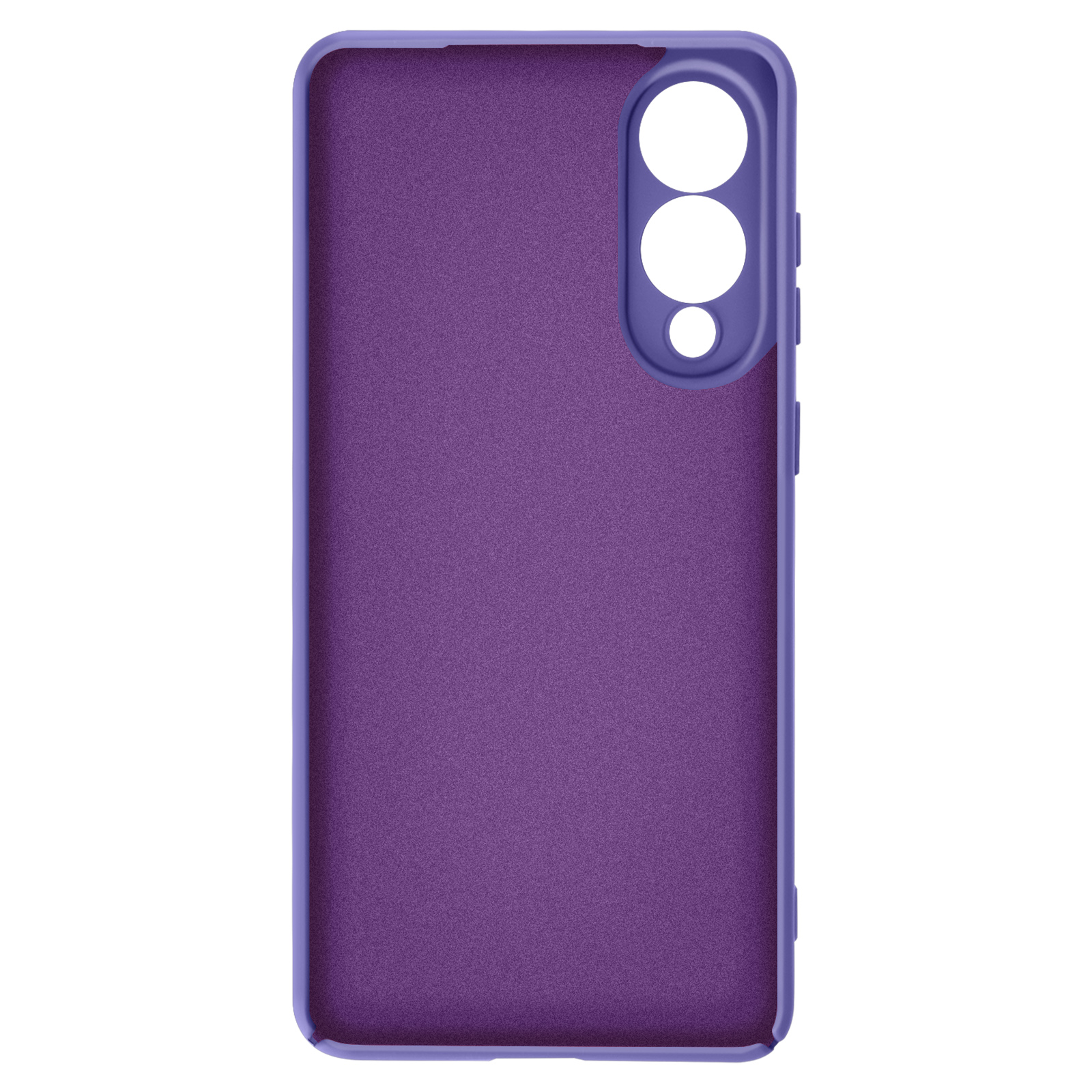 Een paarse telefoonhoes, met een uitsparing voor meerdere lenzen. De hoes heeft een getextureerd oppervlak en op een witte achtergrond.