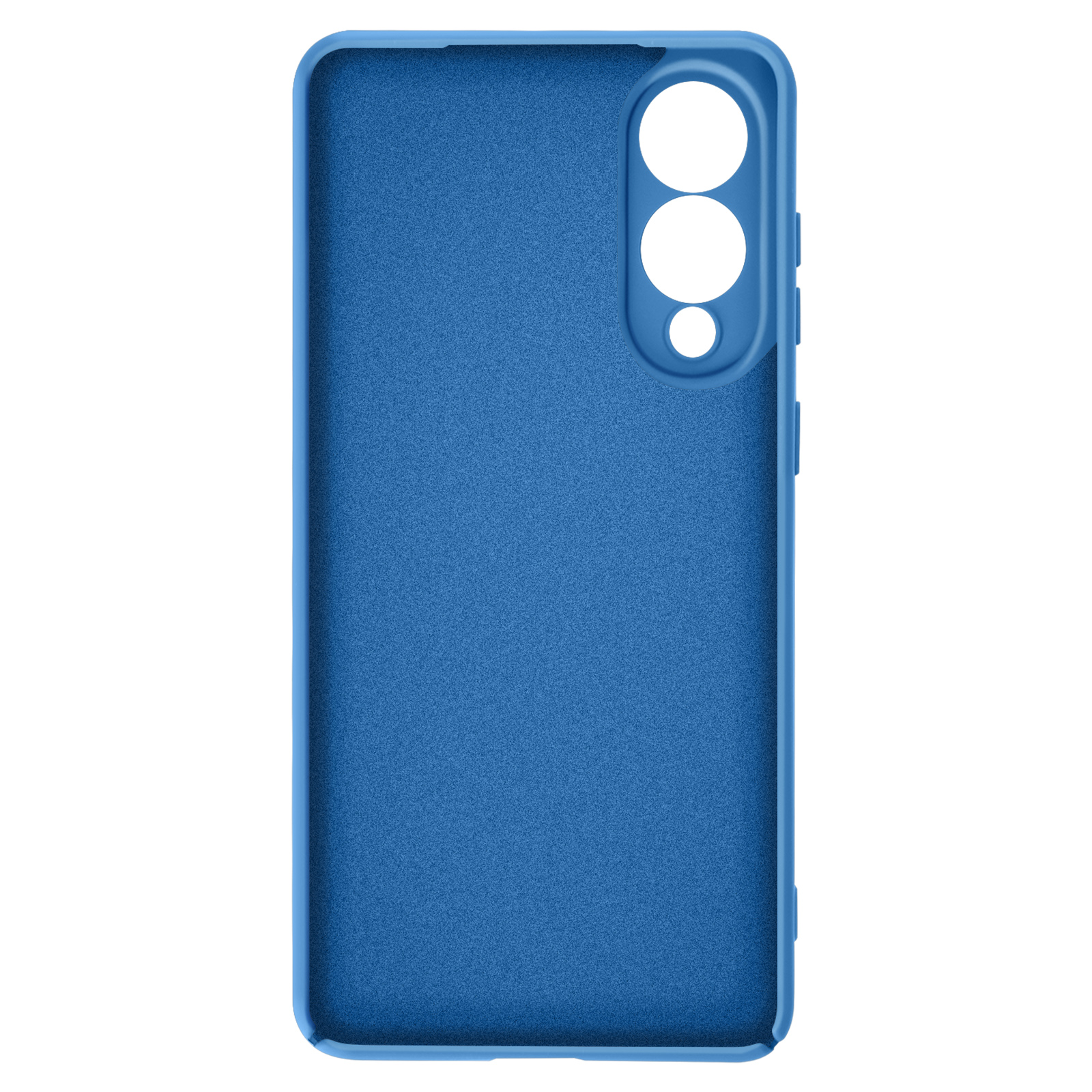 Blauwe telefoonhoes met camera-uitsparingen. De achterkant heeft een gestructureerd oppervlak, met een witte achtergrond.