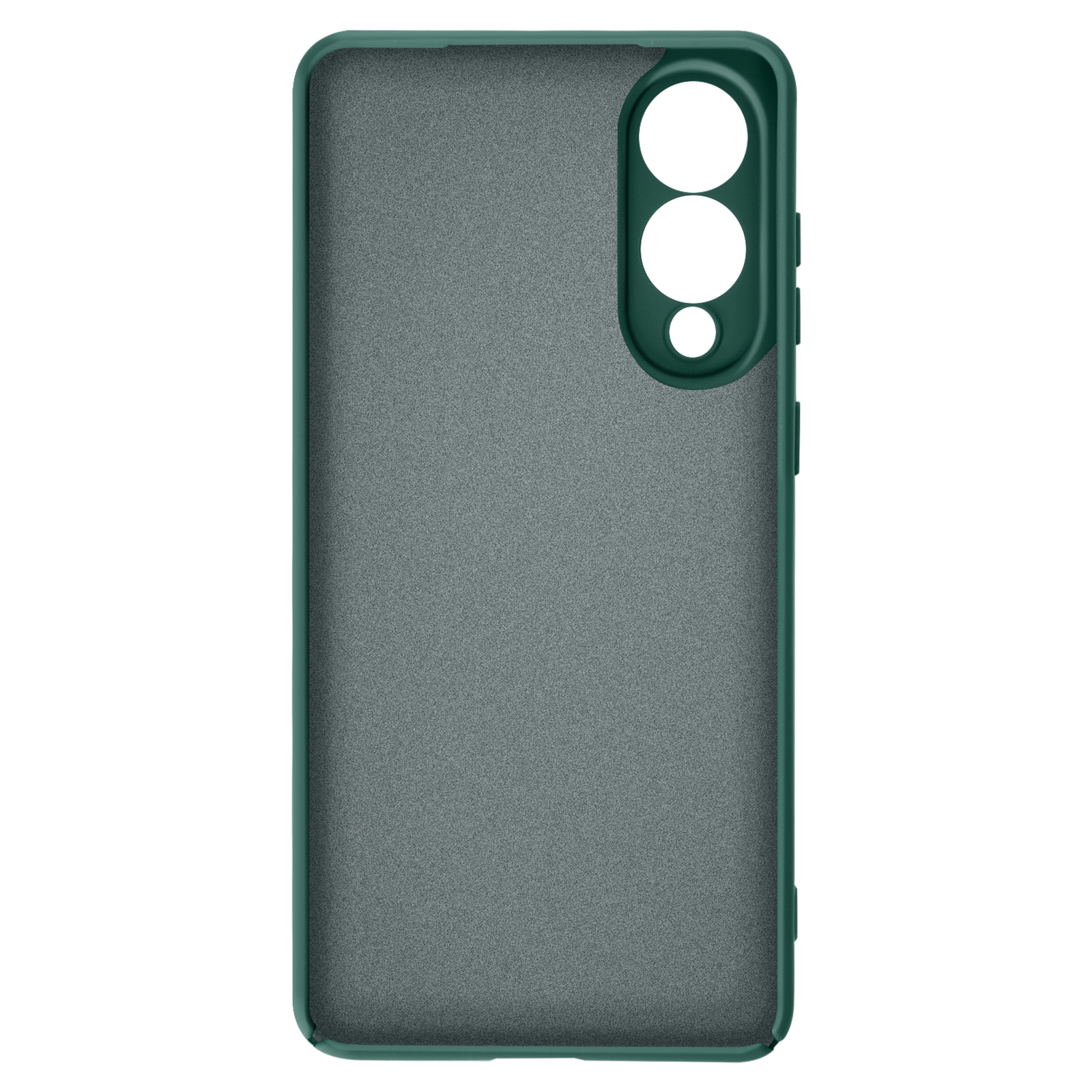 Een groene telefoonhoes met uitsparingen voor de camera, donkergrijze binnenkant en knoppen aan de zijkant. Geïsoleerd op witte achtergrond.