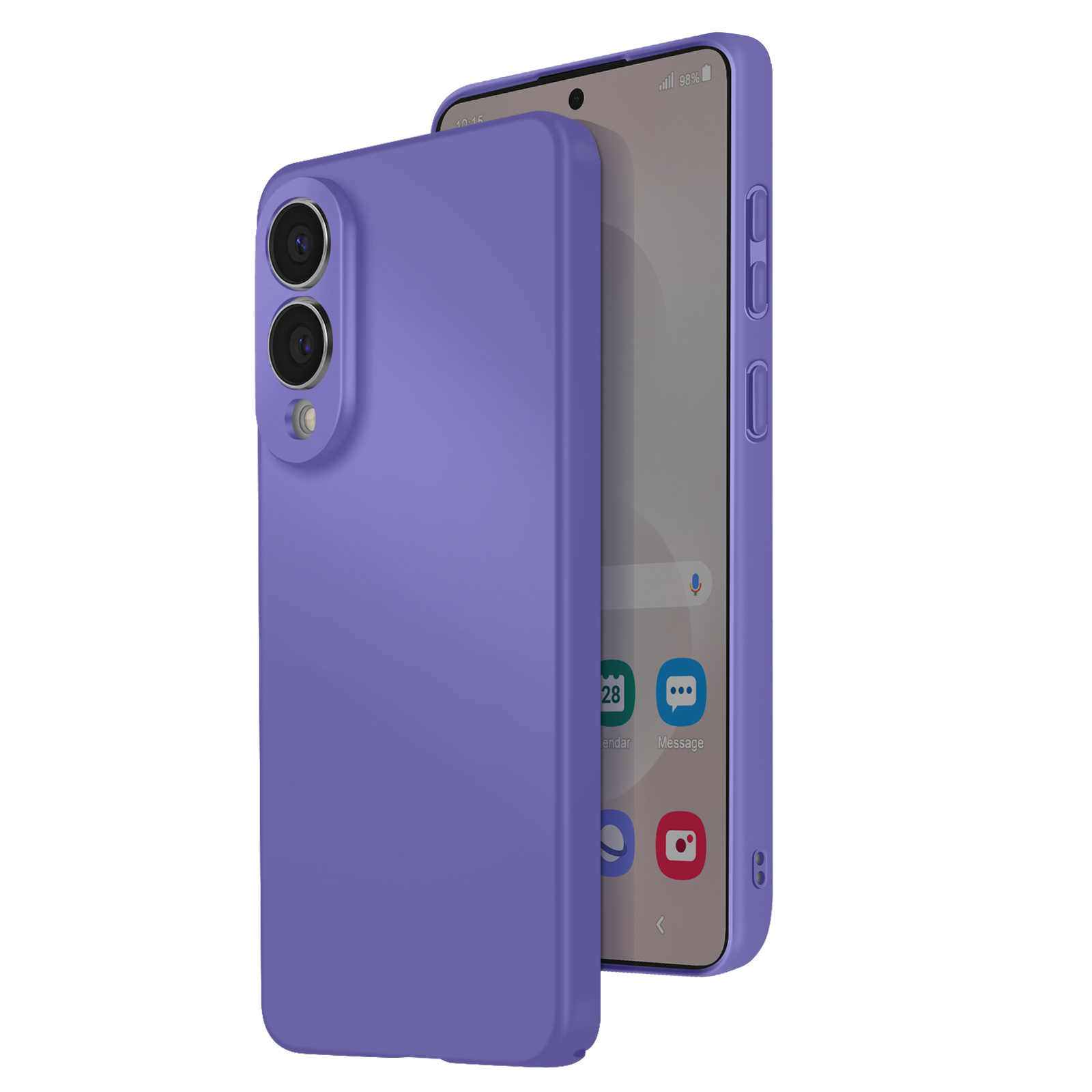 Een paarse telefoonhoes bedekt gedeeltelijk een smartphone met pictogrammen op het scherm. De telefoon staat op een witte achtergrond.