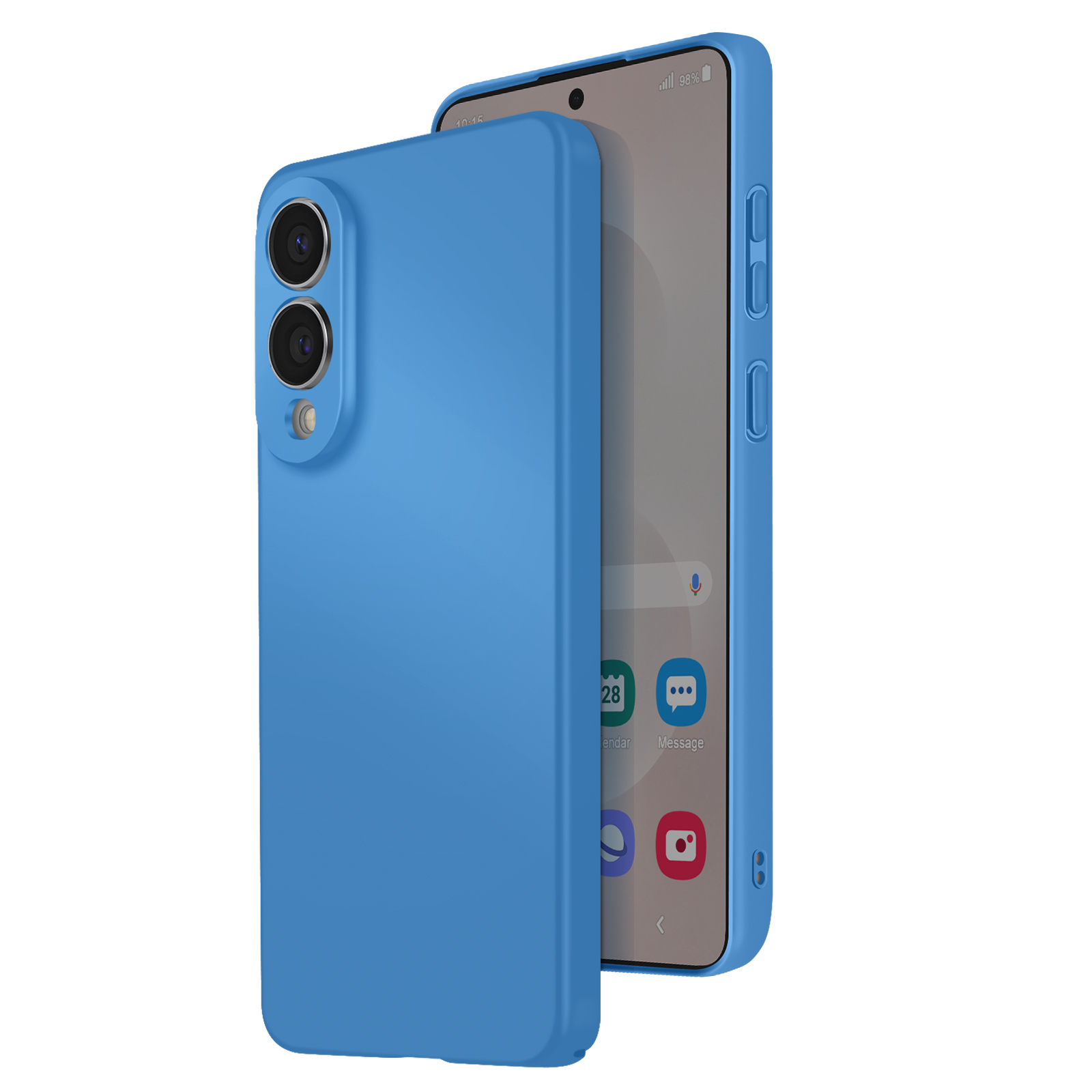 Een blauwe telefoonhoes naast een telefoon. Het scherm toont een startscherm met pictogrammen.