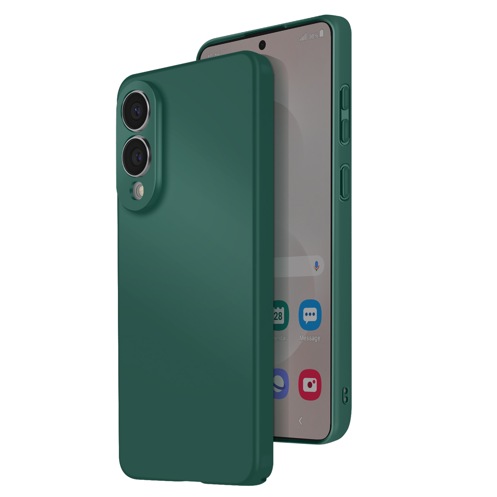 Een groene telefoonhoes naast een telefoon die het startscherm weergeeft. De hoes bedekt de achterkant en zijkanten van de telefoon.