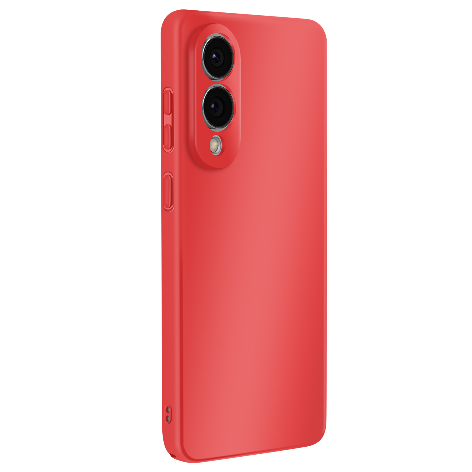 Een rode telefoonhoes. Het heeft twee cameralenzen en knoppen aan de zijkant. De achtergrond is wit.