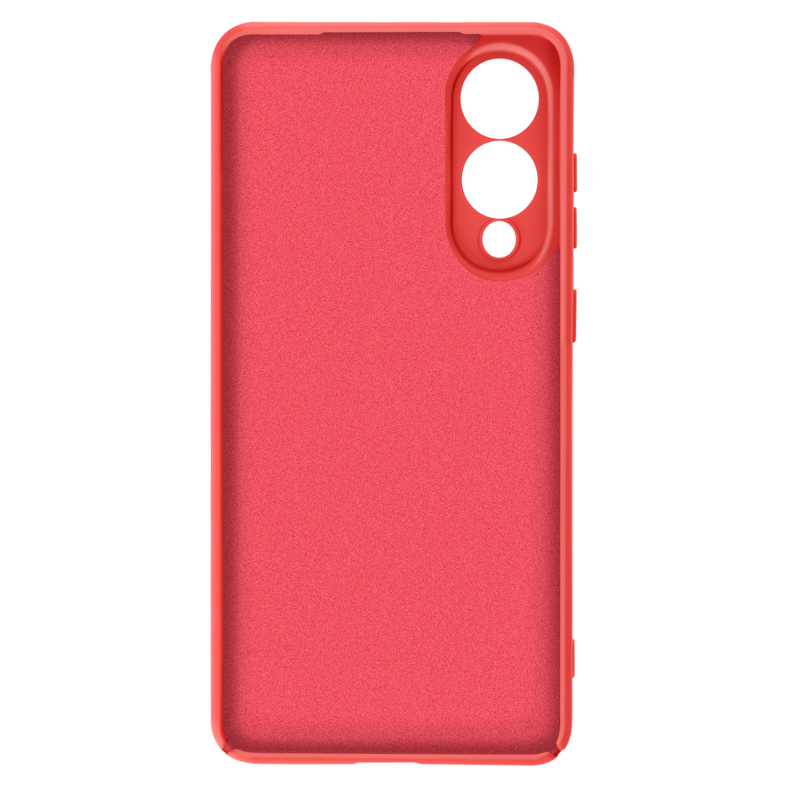 Een rode telefoonhoes met openingen voor de camera. Het is rechthoekig met een afgeronde rand.