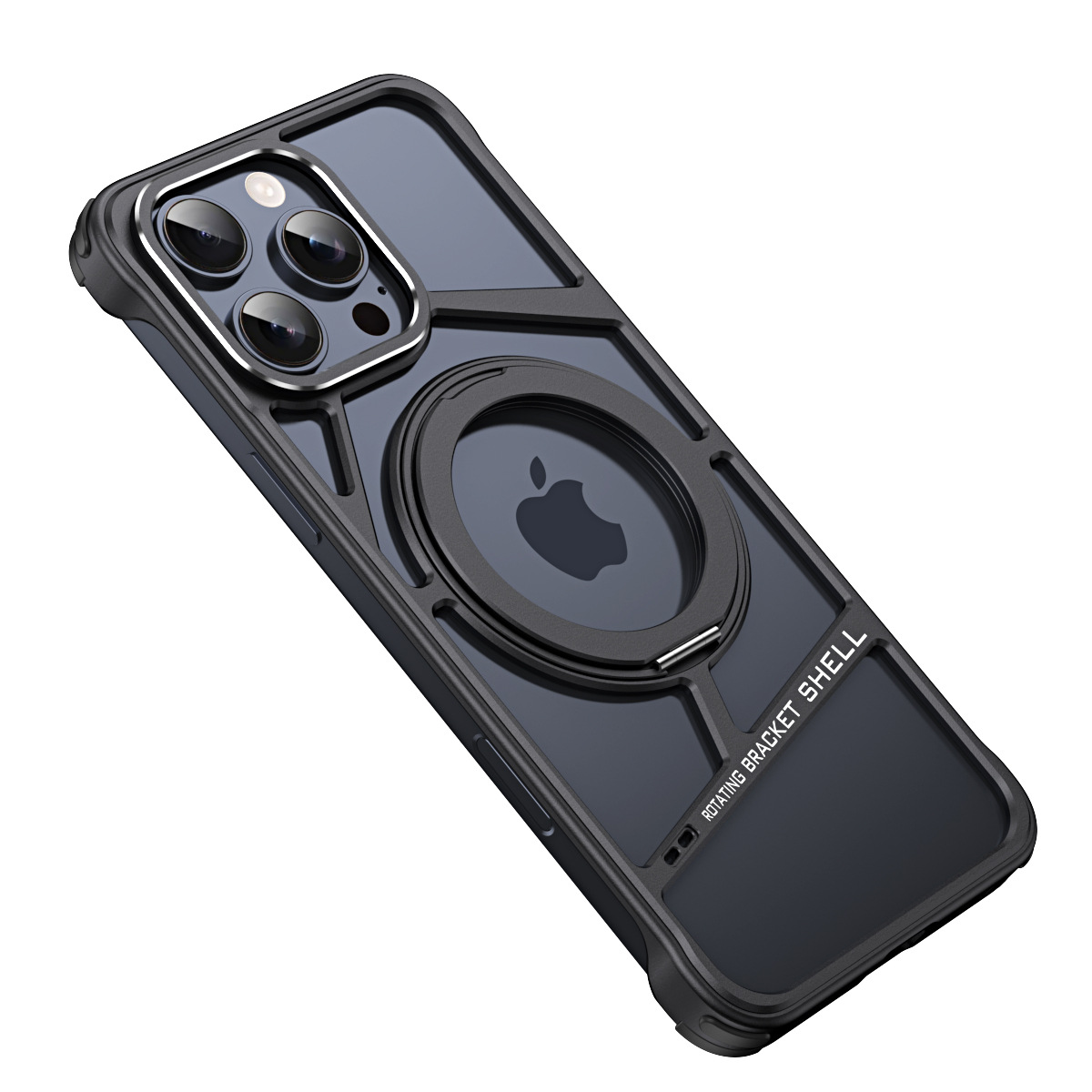 Una custodia nera per telefono con retro trasparente e cornice nera. Ha un anello magnetico circolare e il logo Apple è visibile.