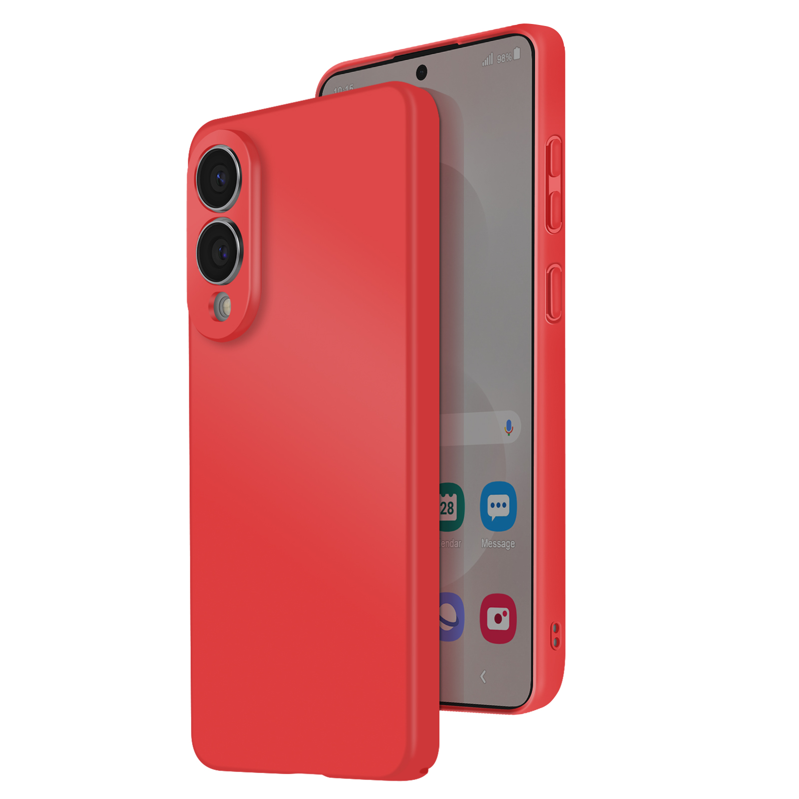 Een rode telefoon met hoesje wordt weergegeven. Het scherm van de telefoon toont app-iconen. De hoes heeft een camera en volumeknoppen.