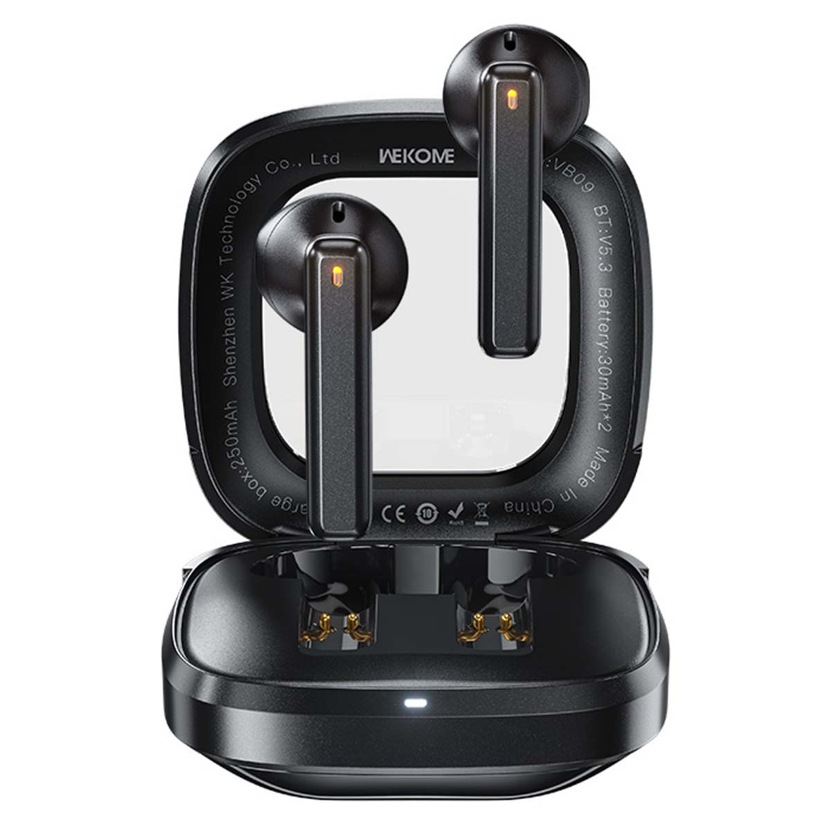 Auricolari wireless neri in una custodia di ricarica aperta, che mostra gli auricolari e i componenti di ricarica, con il marchio visibile.