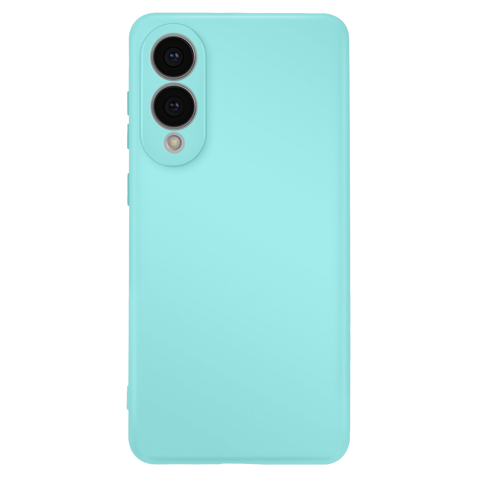 Een lichtblauwe telefoonhoes met cameralenzen wordt getoond tegen een witte achtergrond.