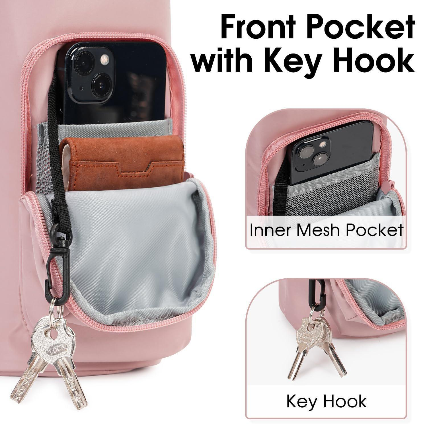 Rosa Tasche mit Vordertasche, Schlüsselhaken und Innentasche aus Netzstoff. Ein Telefon und eine Brieftasche sind sichtbar. Zwei Schlüssel hängen am Haken.