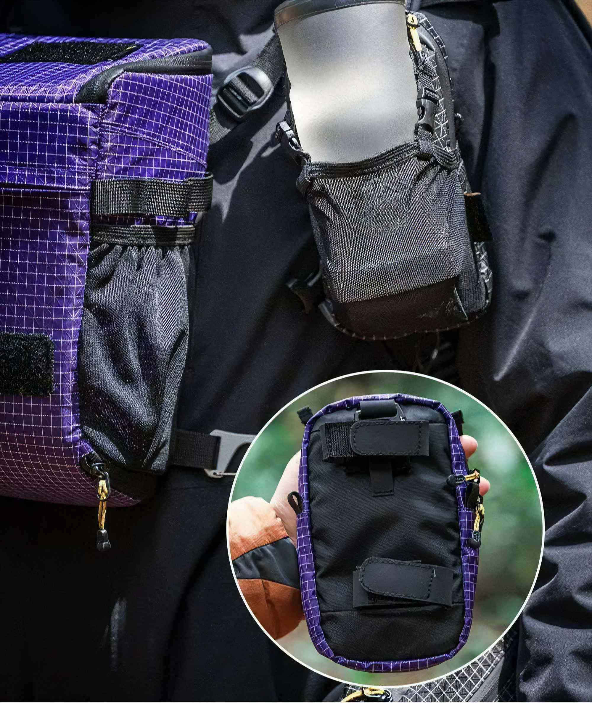 Nahaufnahme eines Rucksacks mit lila Gittermuster, schwarzen Riemen und einem Wasserflaschenhalter. Eine Hand hält einen passenden Beutel.
