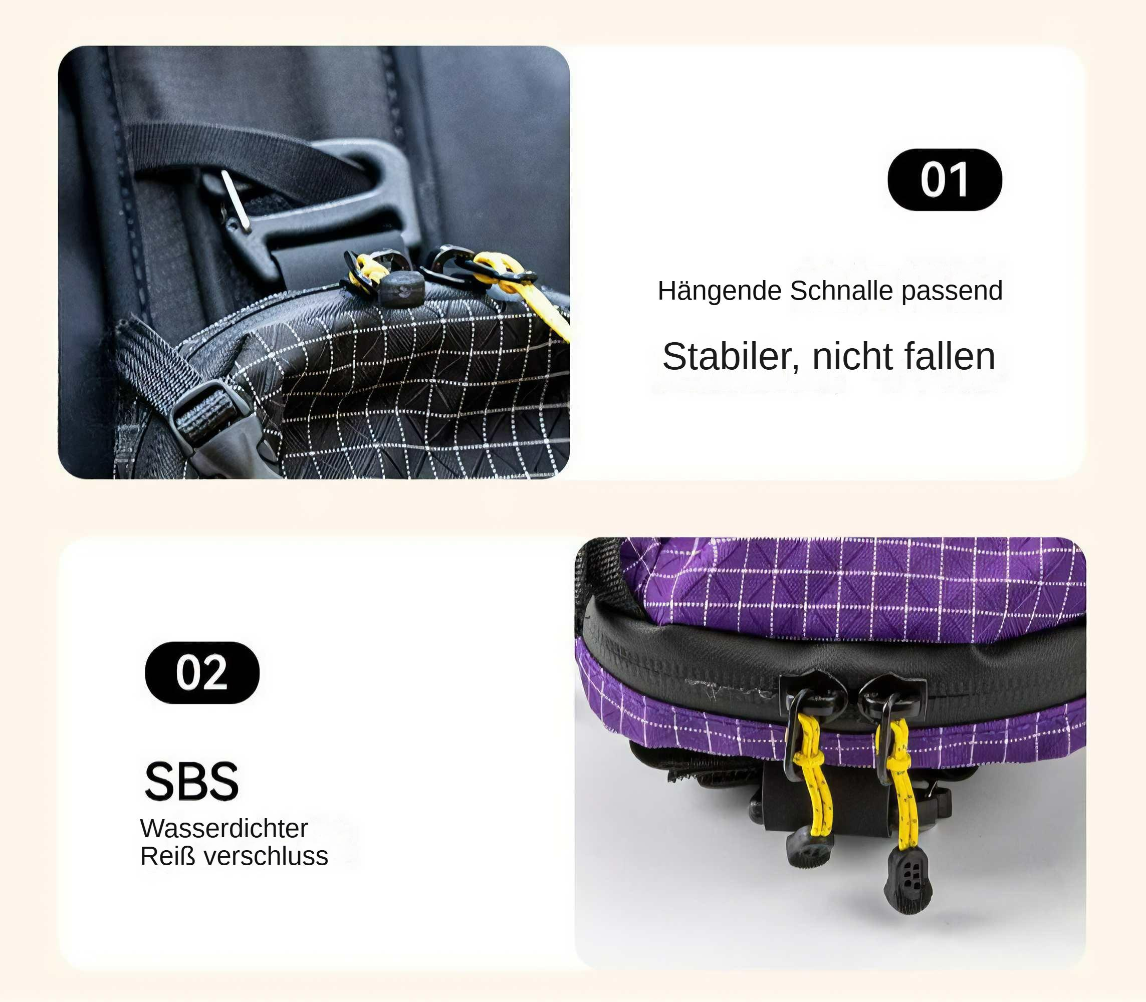 Nahaufnahme von Rucksackdetails. Zeigt einen schwarzen Gurt, eine kleine Tasche und eine lila Tasche mit Reißverschluss.