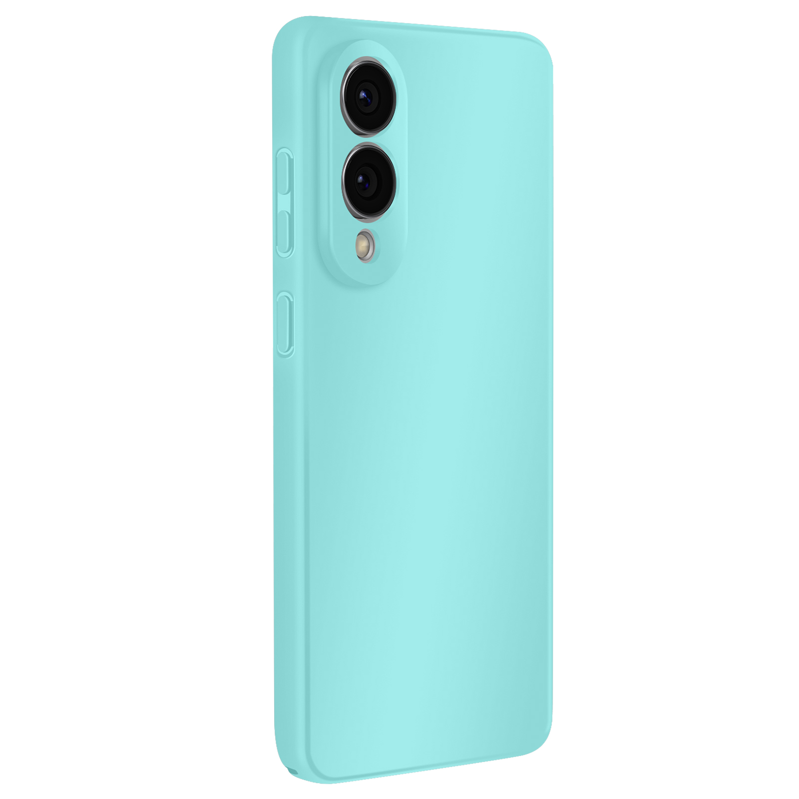 Een lichtblauwe telefoonhoes met twee cameralenzen, knoppen en een flitser tegen een witte achtergrond.