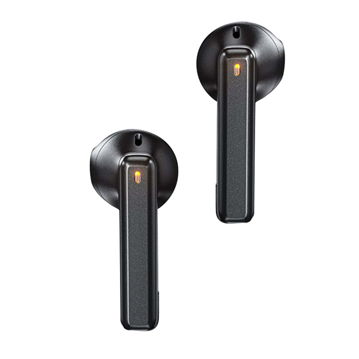 Due auricolari wireless neri con una piccola luce arancione su ciascuno. Sono su sfondo bianco. Il design è elegante.