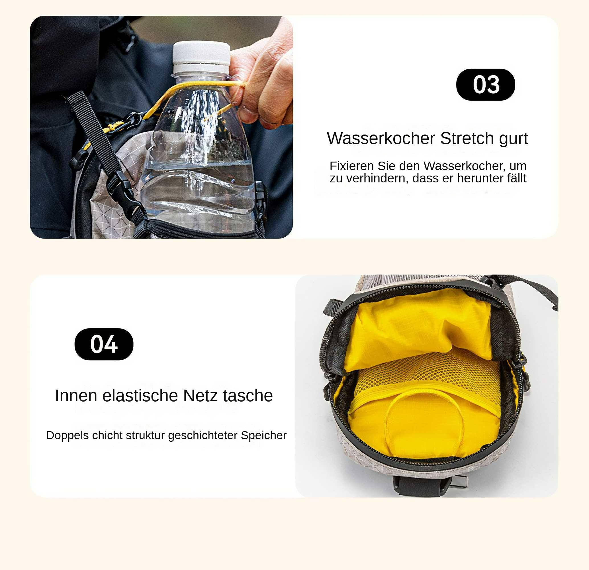 Das Bild zeigt eine Person, die eine Wasserflasche mit einem gelben Riemen hält. Eine Tasche ist ebenfalls mit gelbem Innenraum zu sehen.