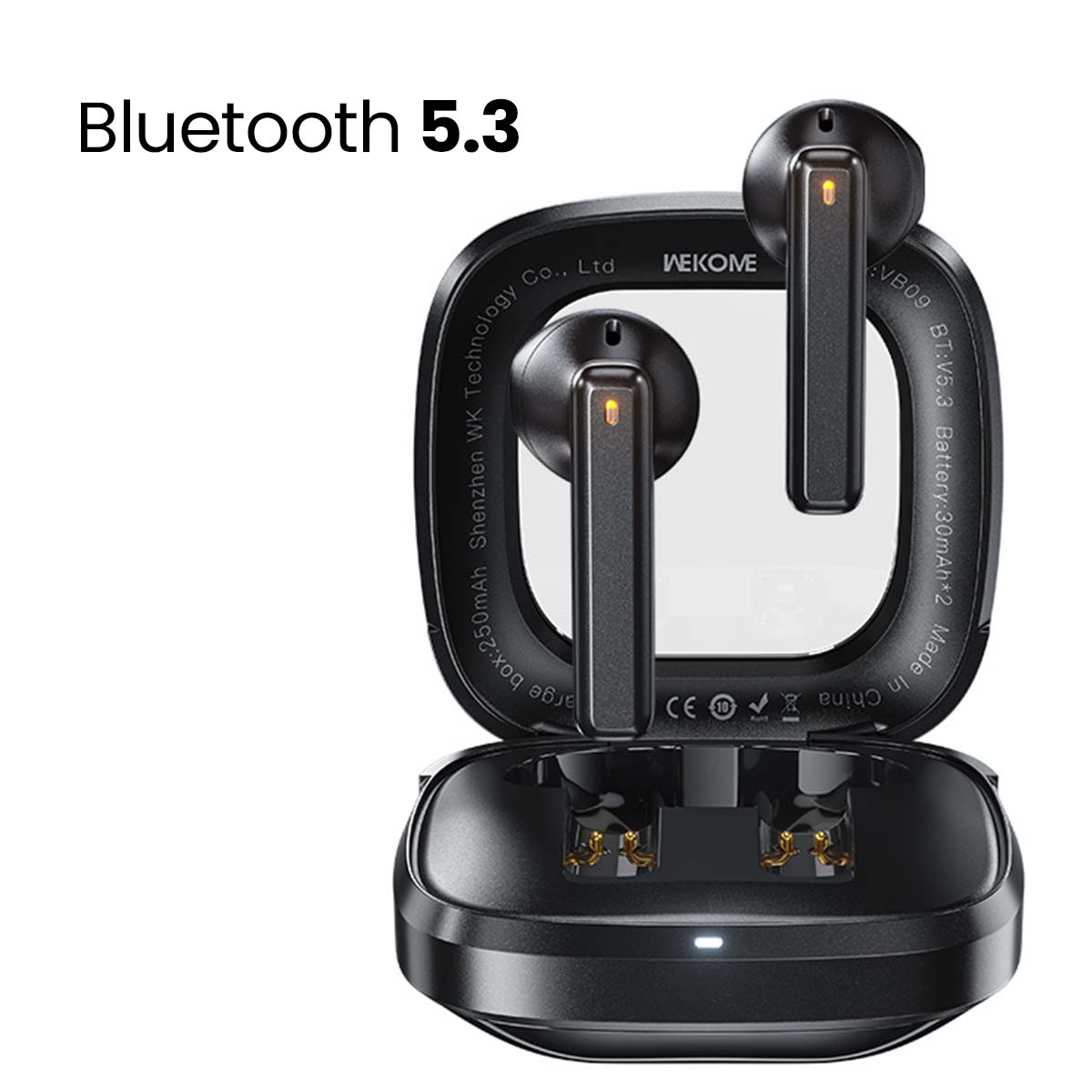 Auricolari neri in una custodia di ricarica. La custodia è aperta, mostrando gli auricolari. Bluetooth 5.3 è scritto sopra. Dettagli sulla custodia.