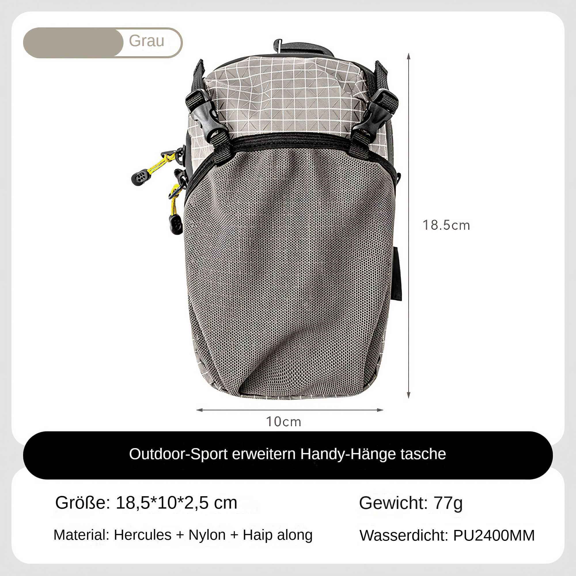 Graue Outdoor-Sporttasche mit den Maßen: 18,5*10*2,5 cm, Gewicht: 77g. Material: Hercules + Nylon + Haip along, wasserdicht: PU2400MM.
