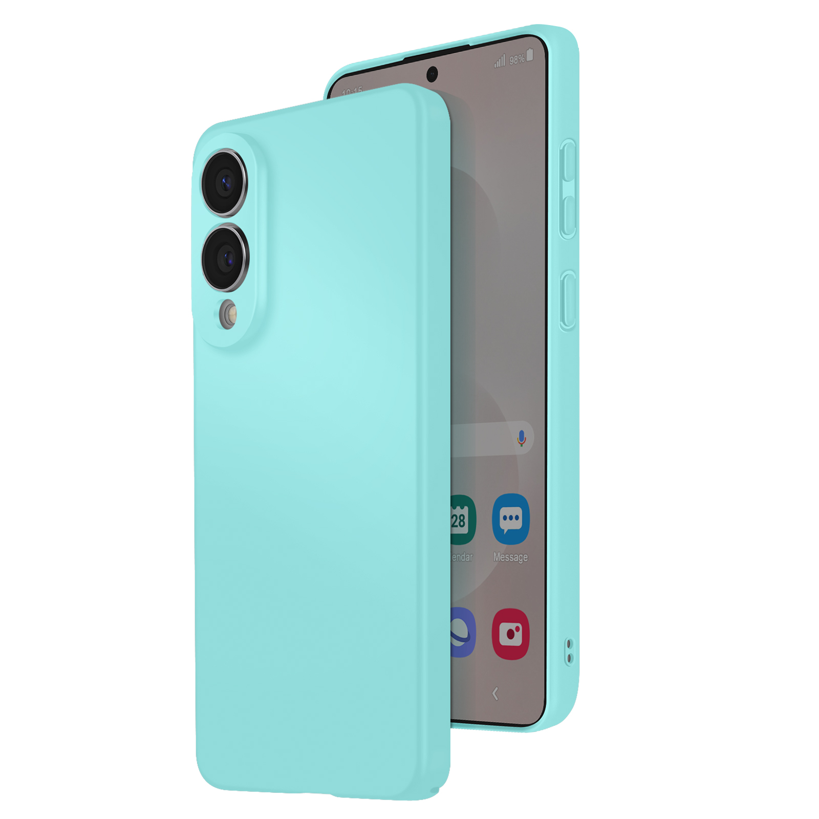 Een turquoise telefoon in een turquoise hoesje. Het scherm toont apps. De hoes heeft twee cameralenzen aan de achterkant.