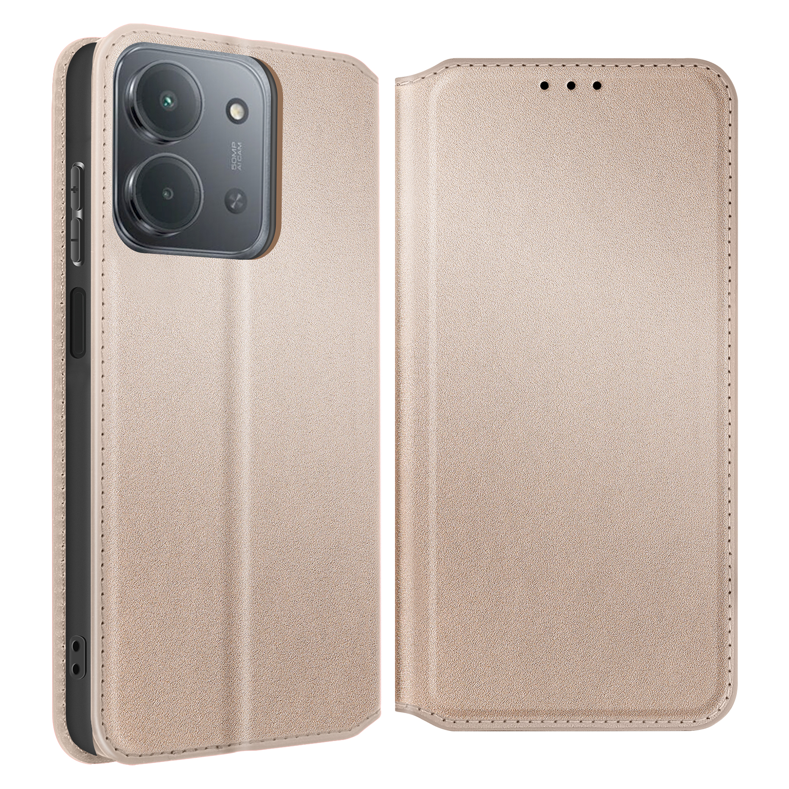 Una custodia beige per telefono, aperta a destra. Ha un modulo fotocamera, una superficie strutturata, un bordo cucito e una chiusura magnetica.
