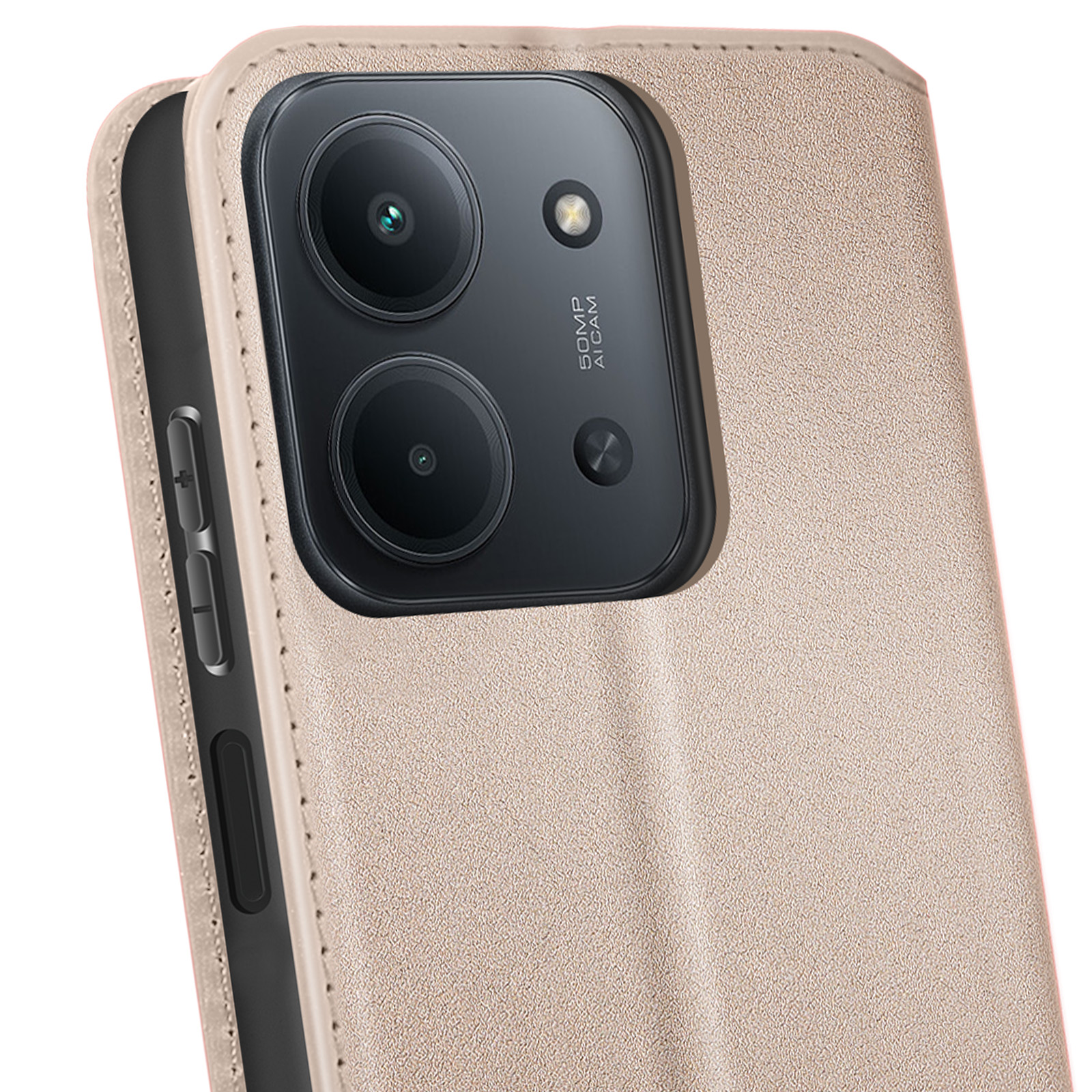 Primo piano di un telefono con custodia beige. Sono visibili l'obiettivo della fotocamera e i pulsanti. La custodia ha una superficie strutturata.