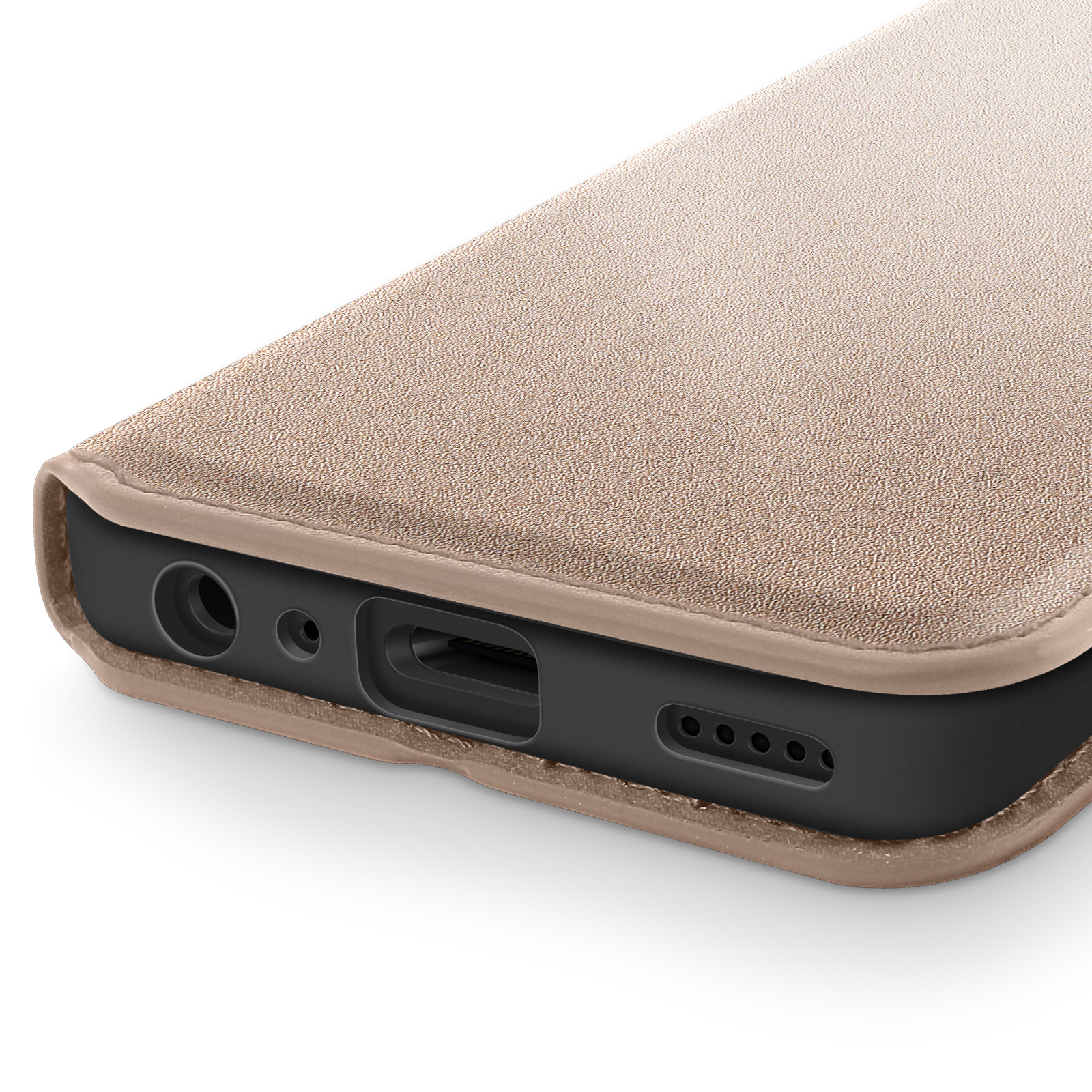 Primo piano di una custodia per telefono beige, che mostra porte e fori per altoparlanti su una base nera. Sfondo bianco.