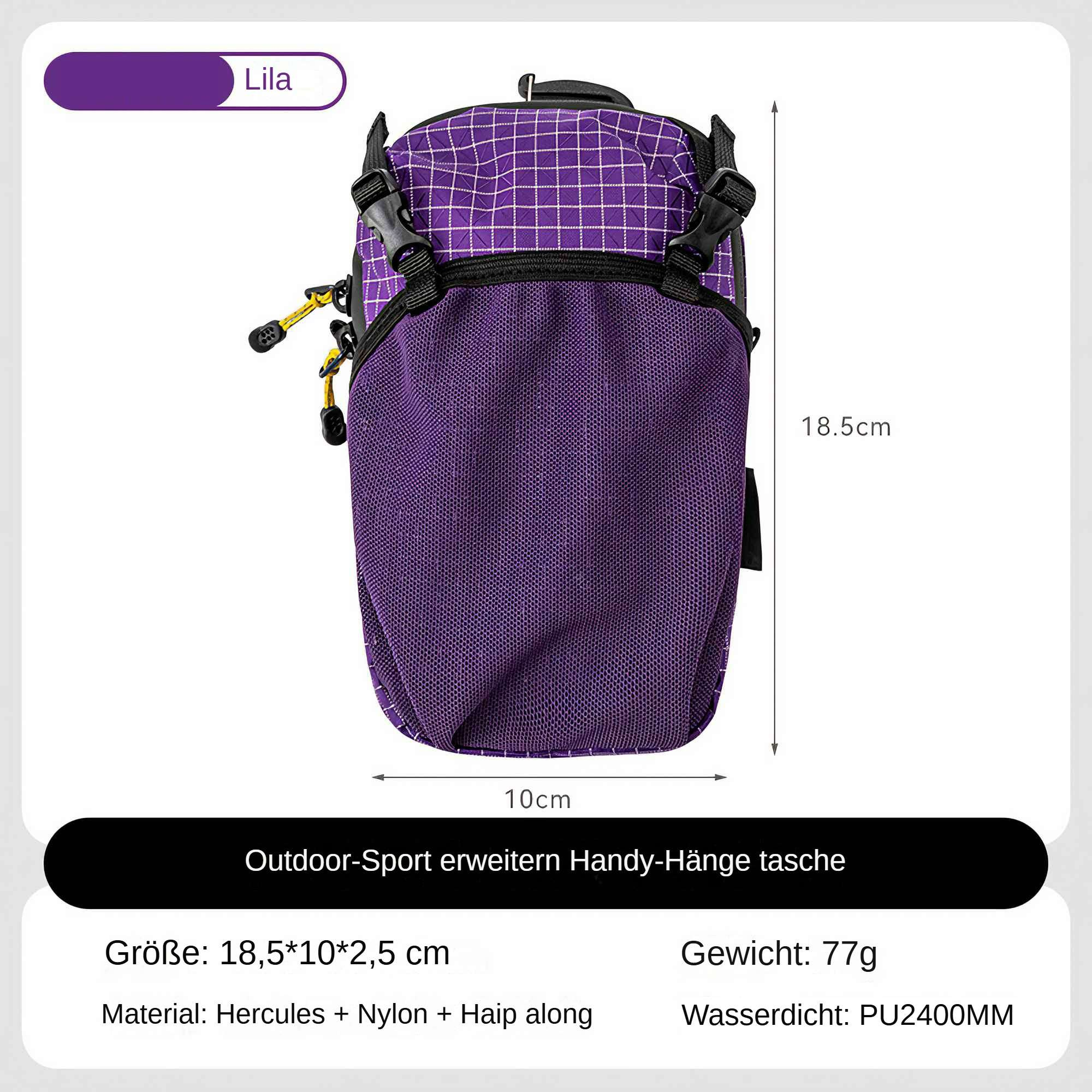 Eine lila-schwarze Tasche mit Abmessungen und Textdetails wird gezeigt. Das Etikett lautet 'Lila'.