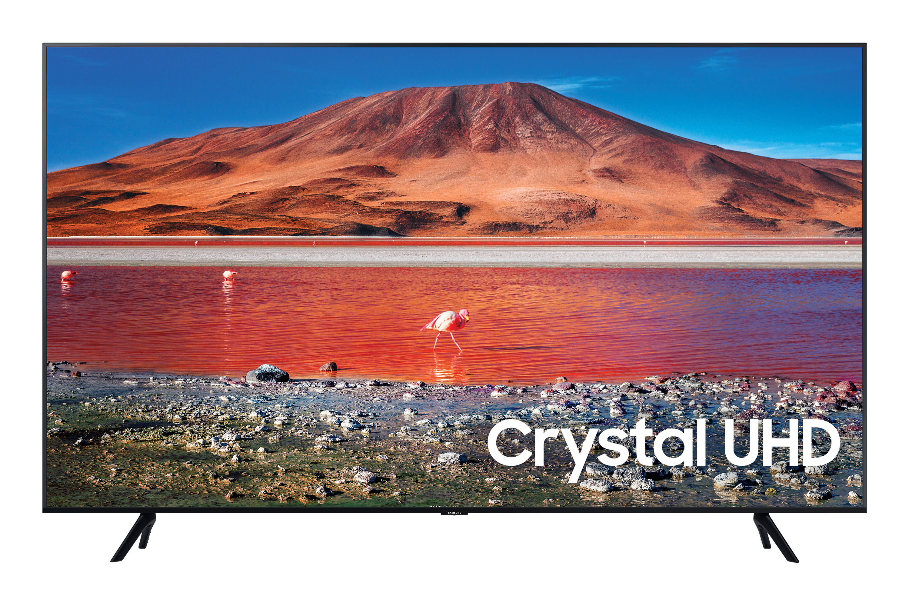 Un televisore mostra un paesaggio con fenicotteri rosa in un lago, una montagna sullo sfondo e la scritta 'Crystal UHD'.