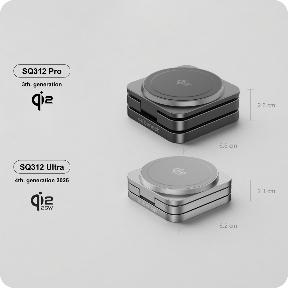 Zwei kabellose Ladegeräte: SQ312 Pro (schwarz) und SQ312 Ultra (silber). Abmessungen sind angegeben. Logos und Textlabels sichtbar.