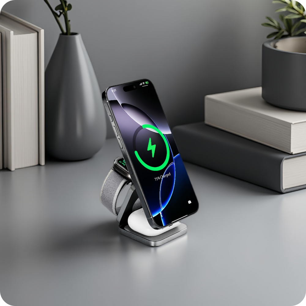 Telefon, das auf einem Ständer geladen wird, mit Apple Watch. Grauer Hintergrund mit Büchern, einer Vase und einem Blumentopf.