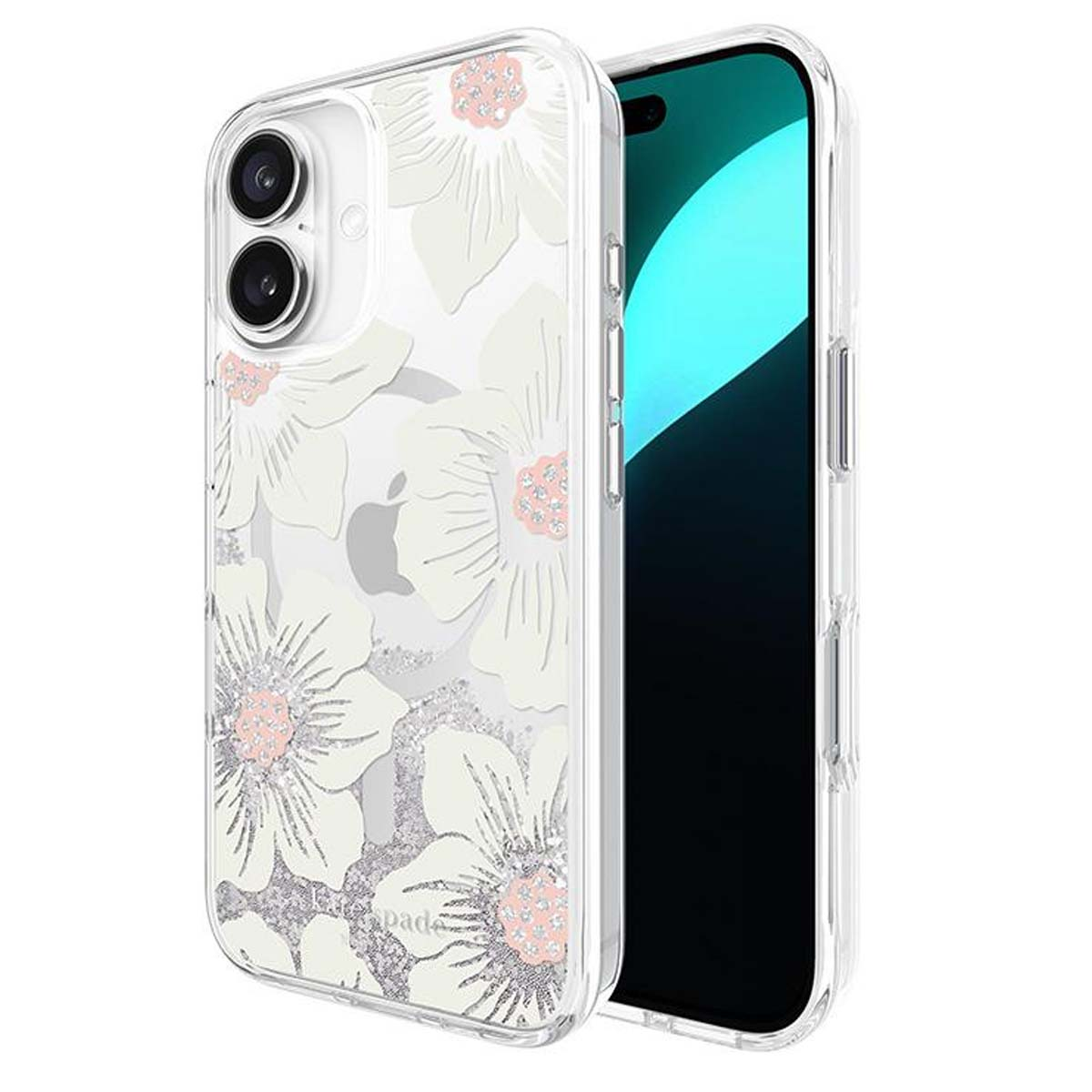 Custodia trasparente per iPhone con design floreale bianco, accenti centrali rosa e glitter argentati. Il telefono mostra uno schermo turchese.