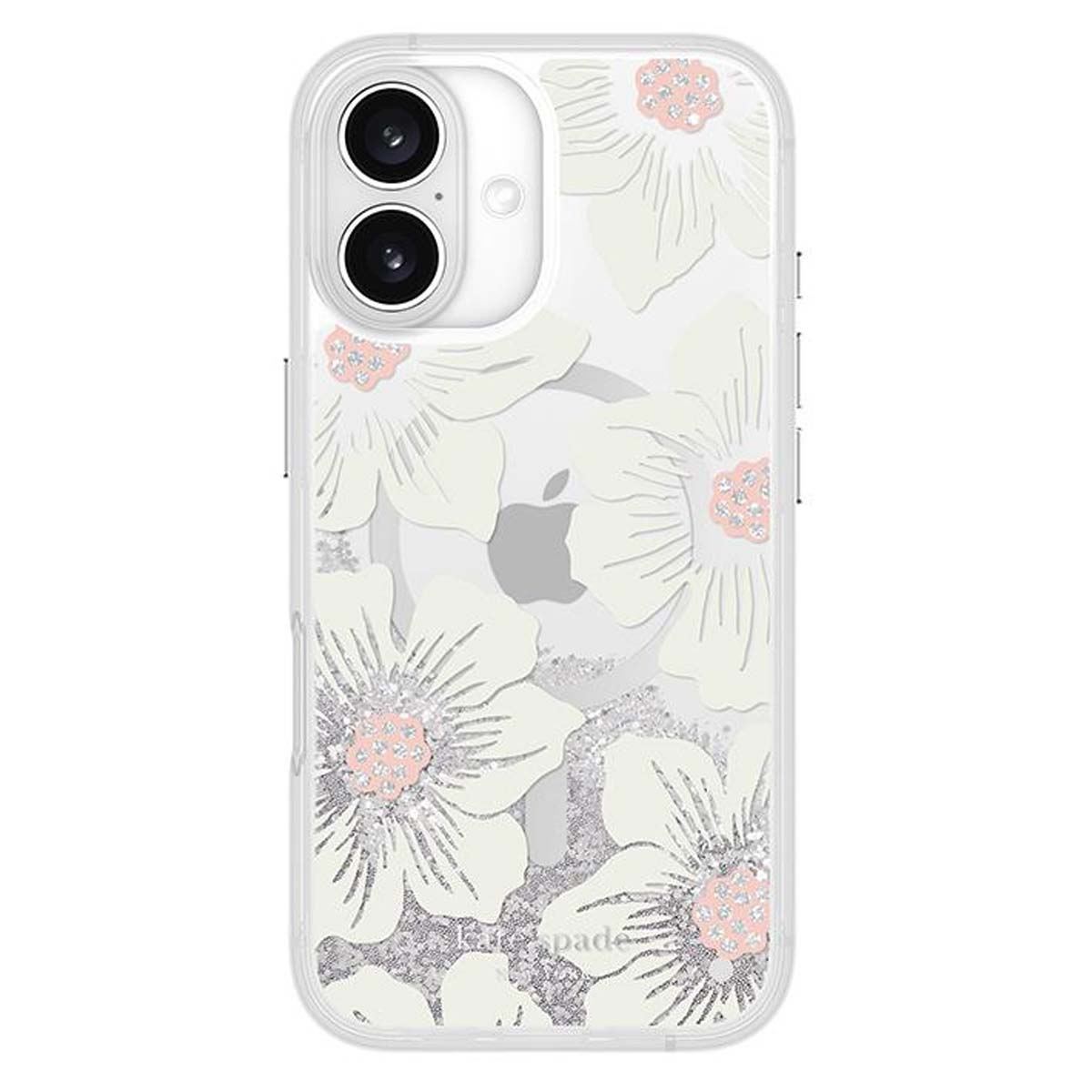 Custodia trasparente con fiori bianchi, centri rosa e glitter argentati. Logo Apple visibile. Adatta per iPhone.