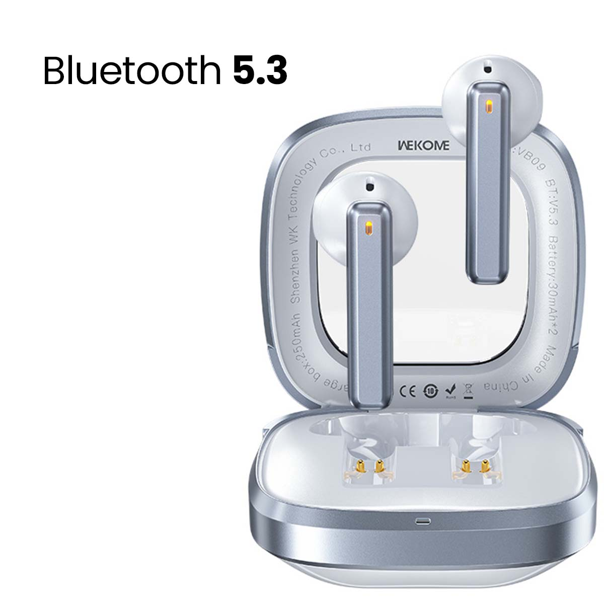 Offene silberne Ohrhörer-Ladehülle mit zwei Ohrhörern darin. Die Hülle ist geöffnet. Die Worte 'Bluetooth 5.3' stehen oben links.