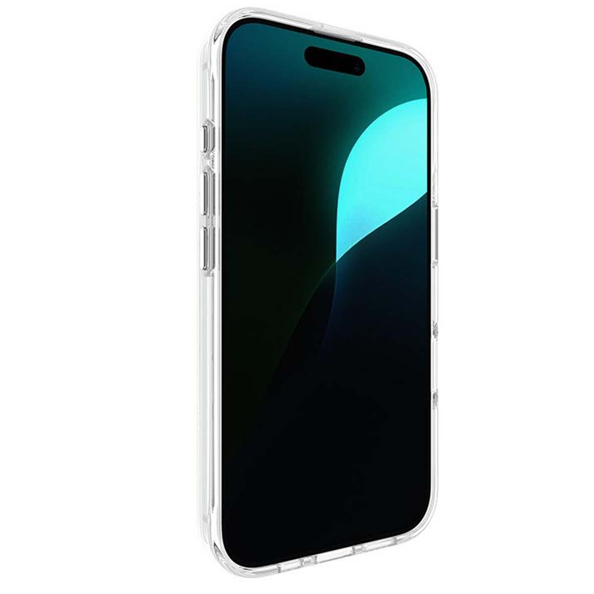 Una custodia trasparente per telefono tiene in mano uno smartphone nero con un ampio display. Lo schermo mostra una sfumatura di colori.