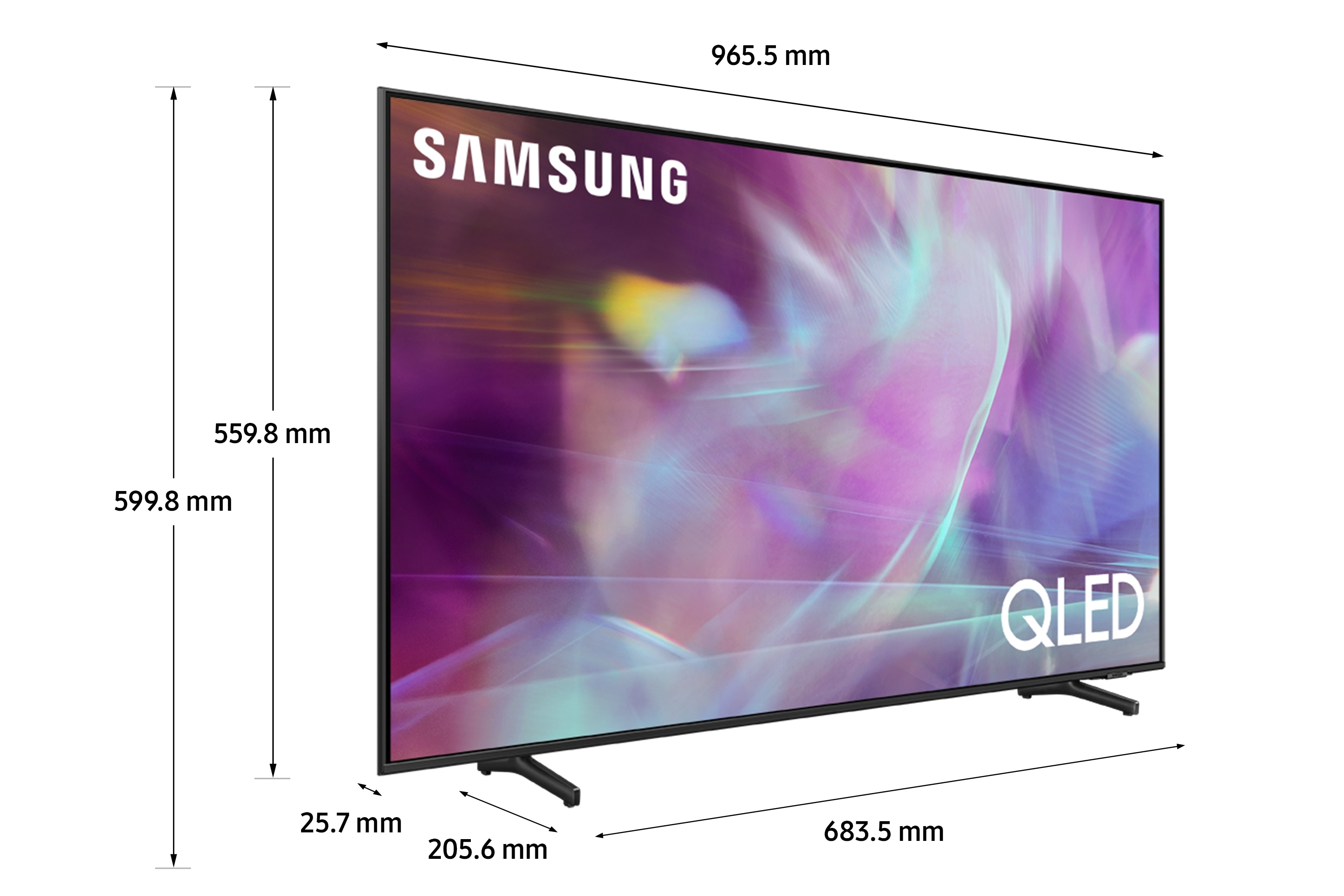 TV Samsung QLED. Cornice nera, dimensioni indicate. Lo schermo mostra un'immagine astratta colorata. La TV ha gambe nere.