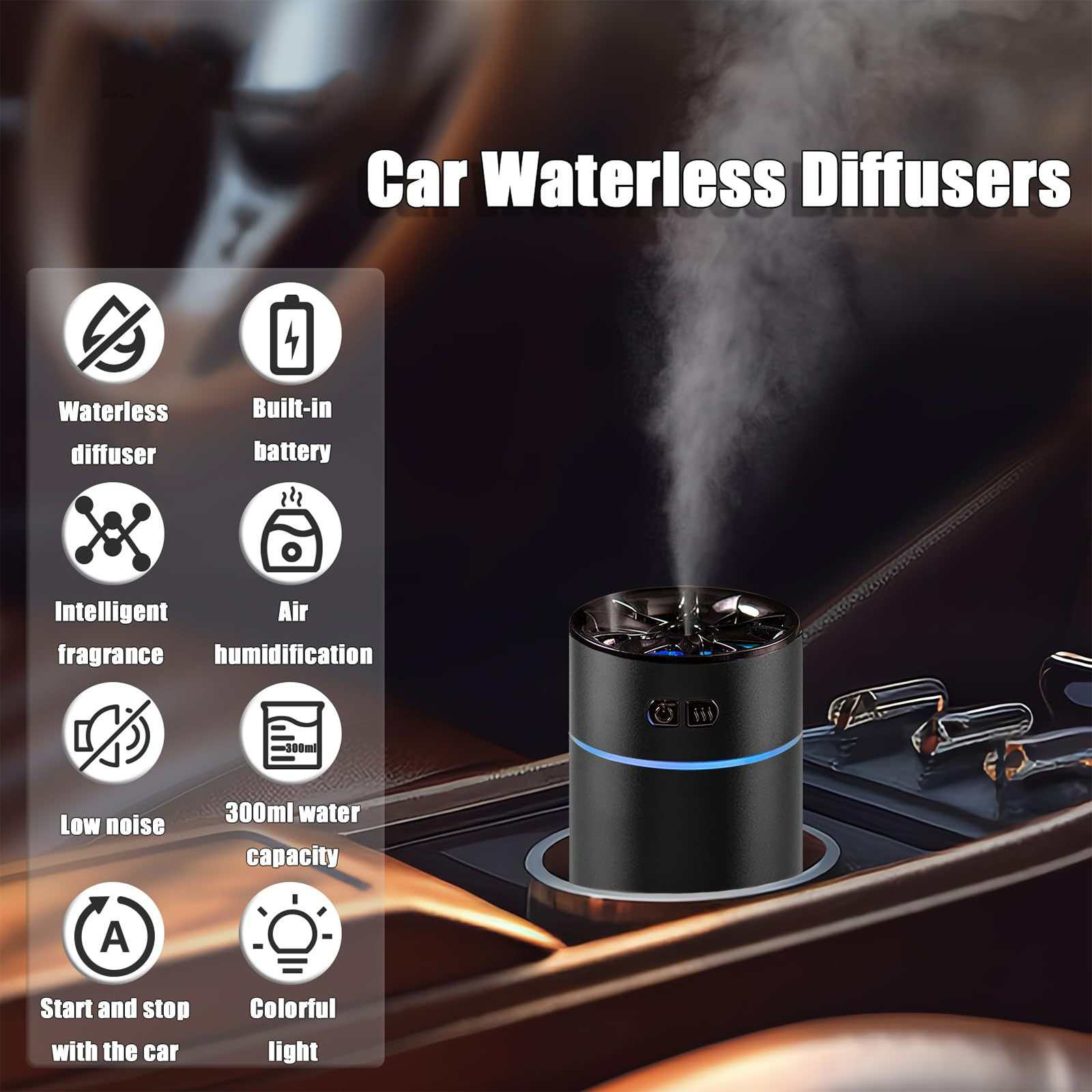 Ein schwarzer Auto-Lufterfrischer mit blauem Licht befindet sich in einem Auto. Es hat Funktionen wie wasserlosen Diffusor und farbenfrohes Licht.