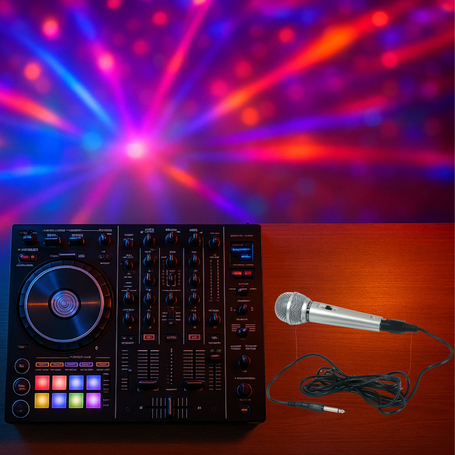DJ-Setup mit Mischpult, Mikrofon und farbenfroher Lichtshow im Hintergrund. Das Setup befindet sich auf einem Holztisch.