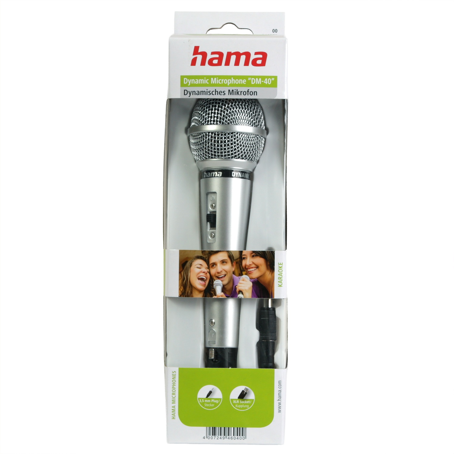 Ein silbernes Hama DM-40 Mikrofon in seiner Verpackung. Die Verpackung zeigt Leute beim Karaoke. Es enthält einen 3,5-mm-Stecker und eine XLR-Buchse.