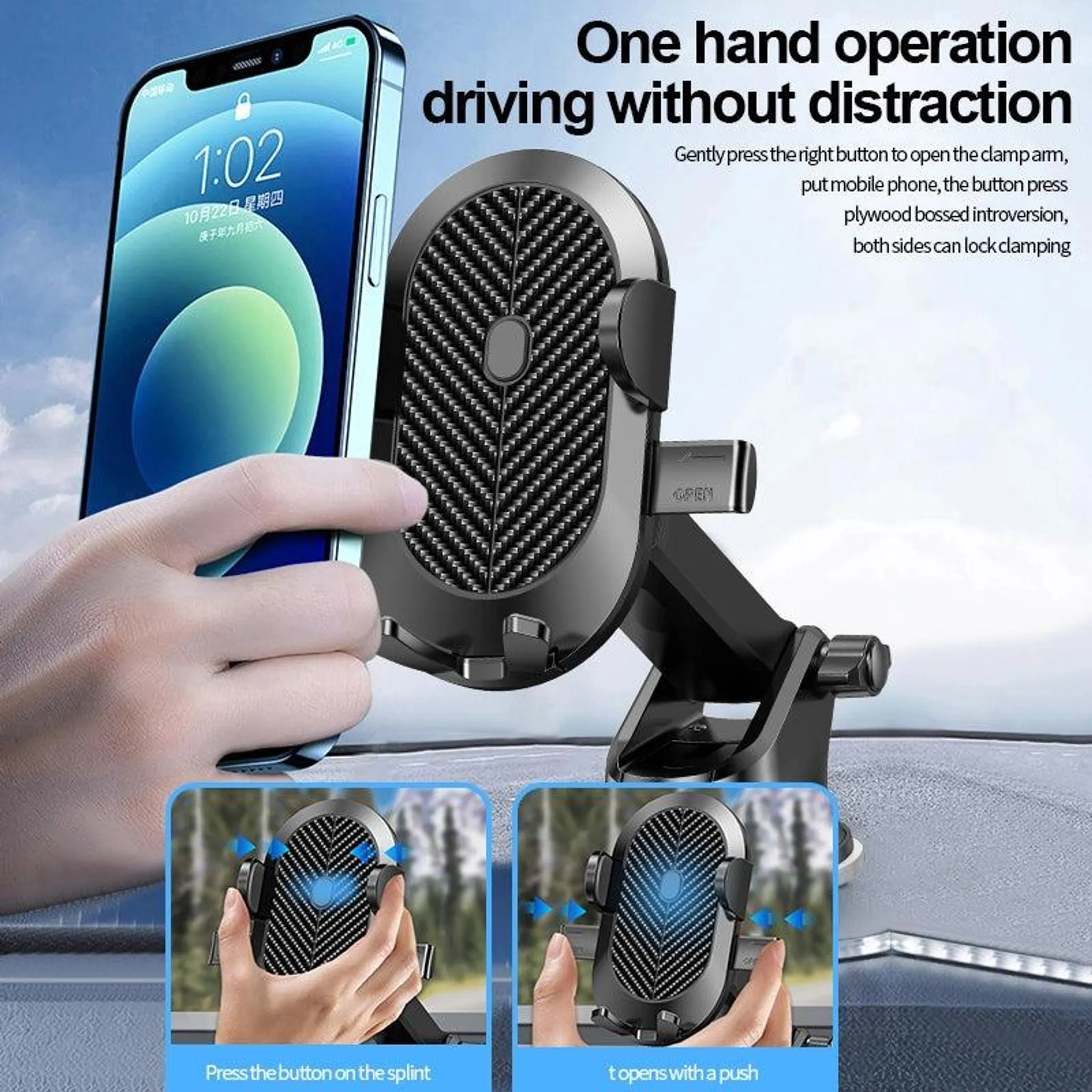 Eine Hand, die ein Telefon neben einer Autotelefonhalterung hält. Das Telefon zeigt die Uhrzeit an. Anweisungen werden gegeben.