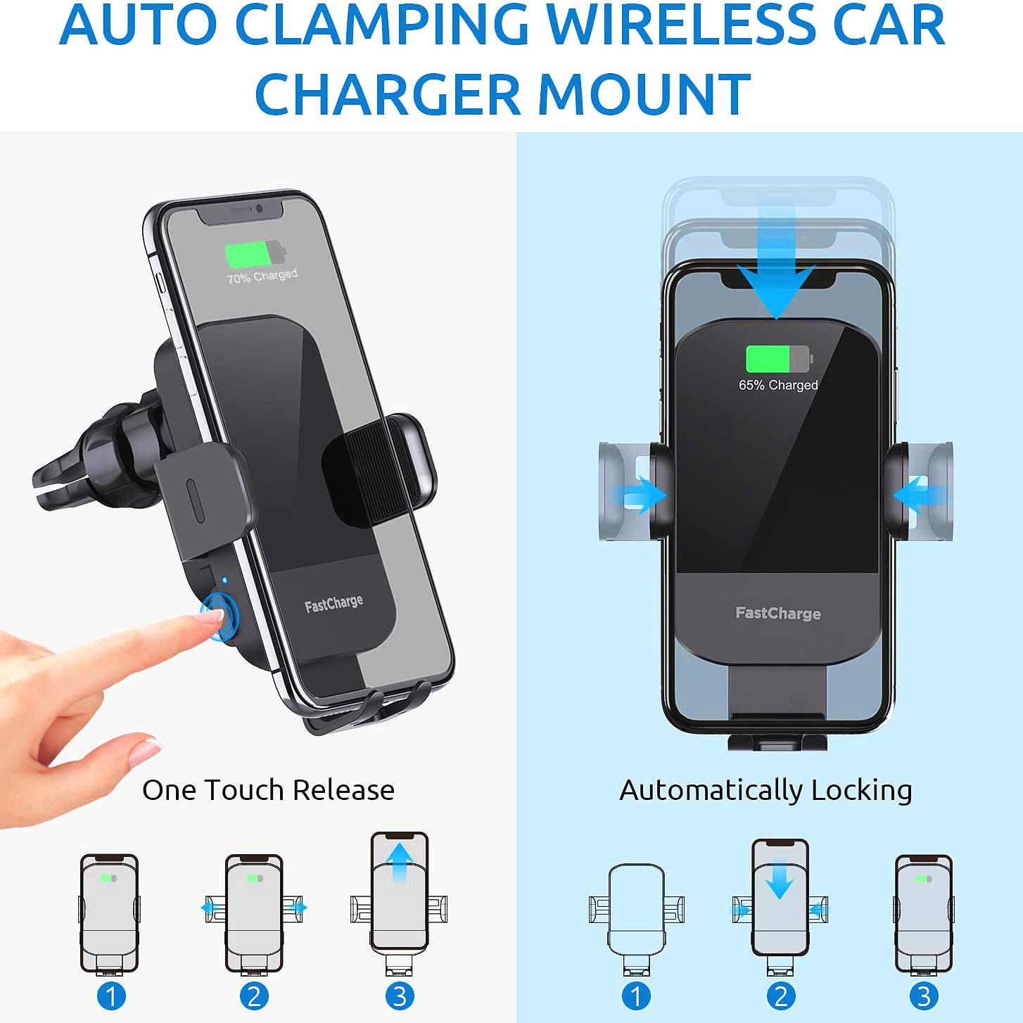 Eine kabellose Autoladegerät-Halterung mit einem Telefon, das den Ladestatus und die One-Touch-Entriegelung anzeigt. Die rechte Seite zeigt die automatische Verriegelung.