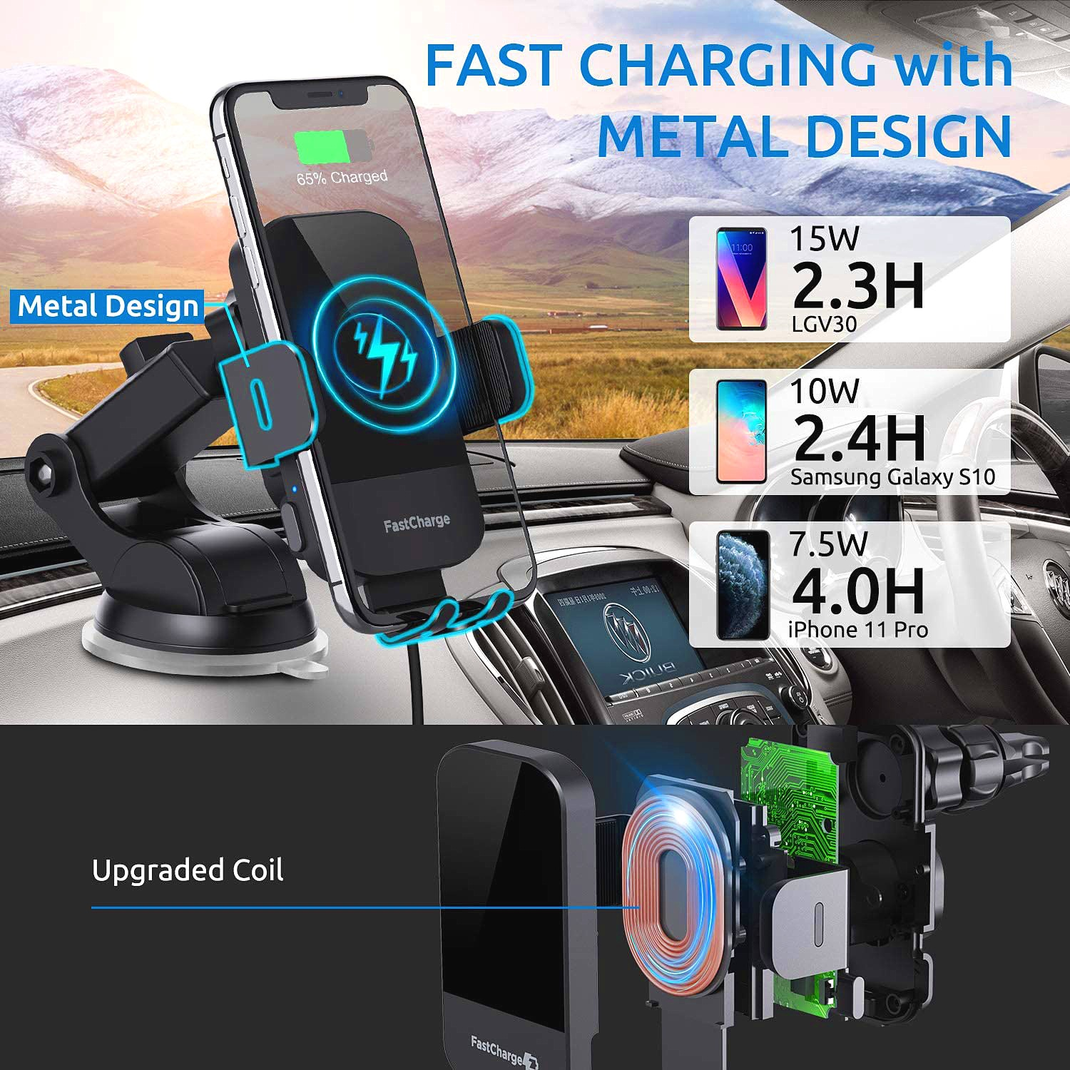 Ein Telefon, das auf einer Autohalterung aufgeladen wird. Details zu Ladegeschwindigkeiten und Telefonmodellen werden angezeigt. Eine verbesserte Spule wird angezeigt.