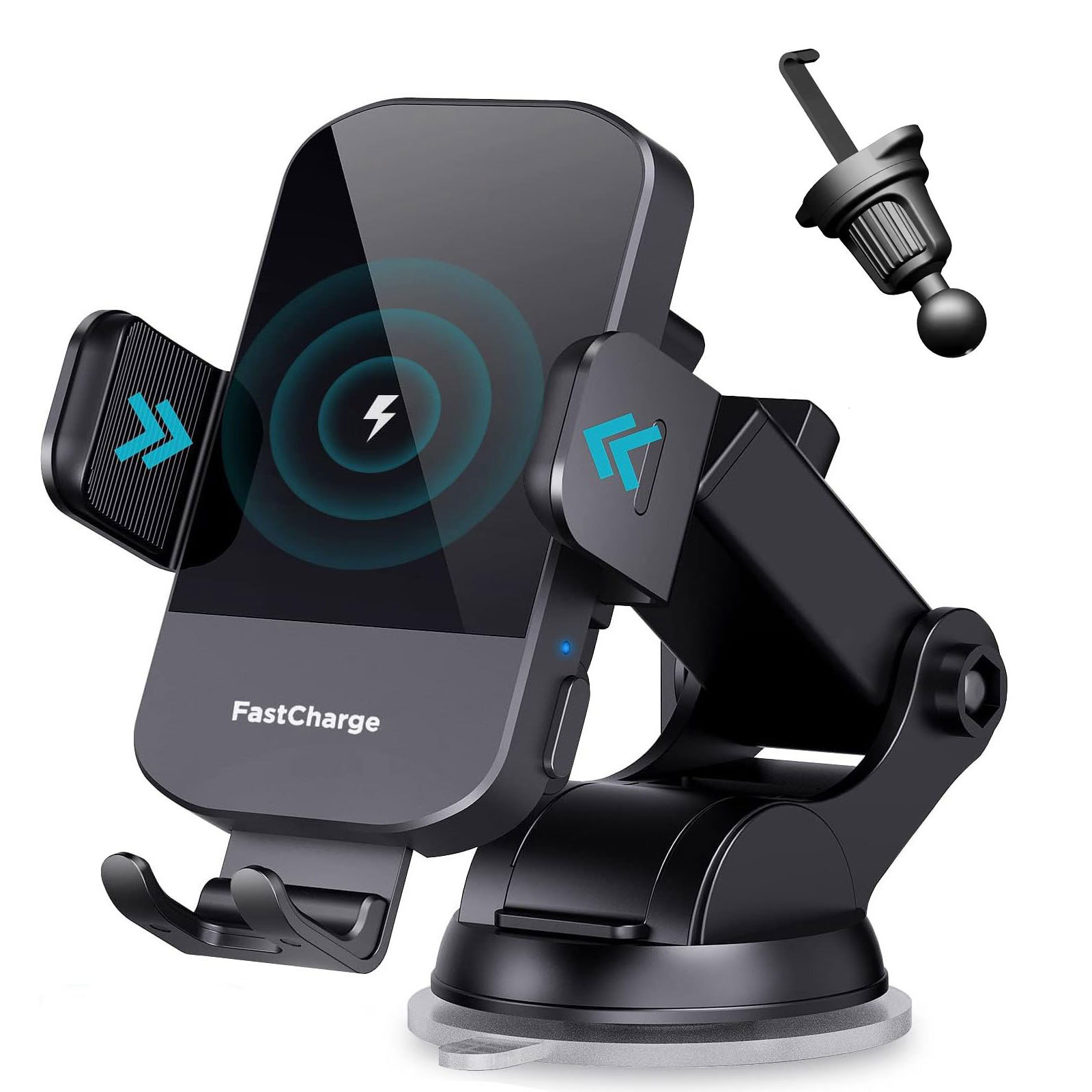 Schwarzer Autotelefonhalter mit FastCharge-Logo. Verfügt über kabelloses Laden, Saugnapfhalterung und separaten Lüftungsclip.