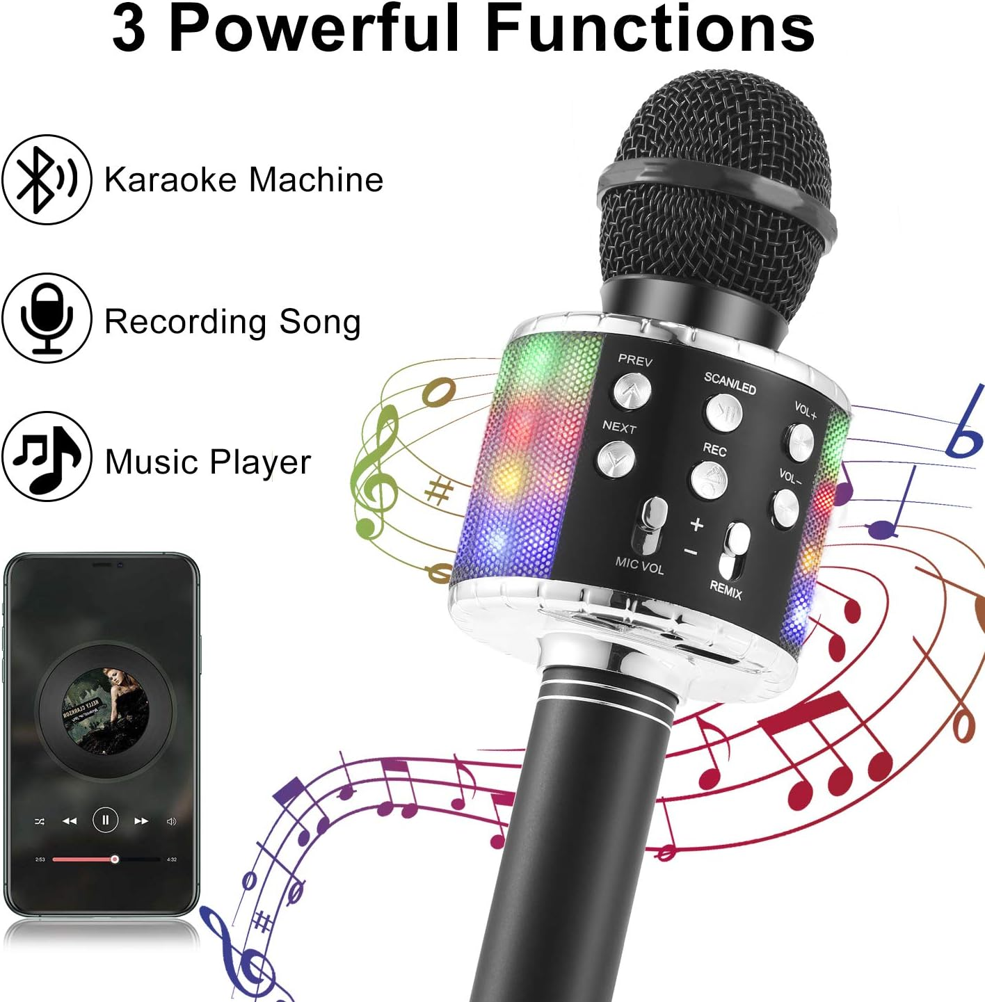 Ein Karaoke-Mikrofon mit Bedienelementen, ein Telefon, das Musik abspielt, und Noten werden gezeigt. Das Mikrofon hat Lichter und Tasten.